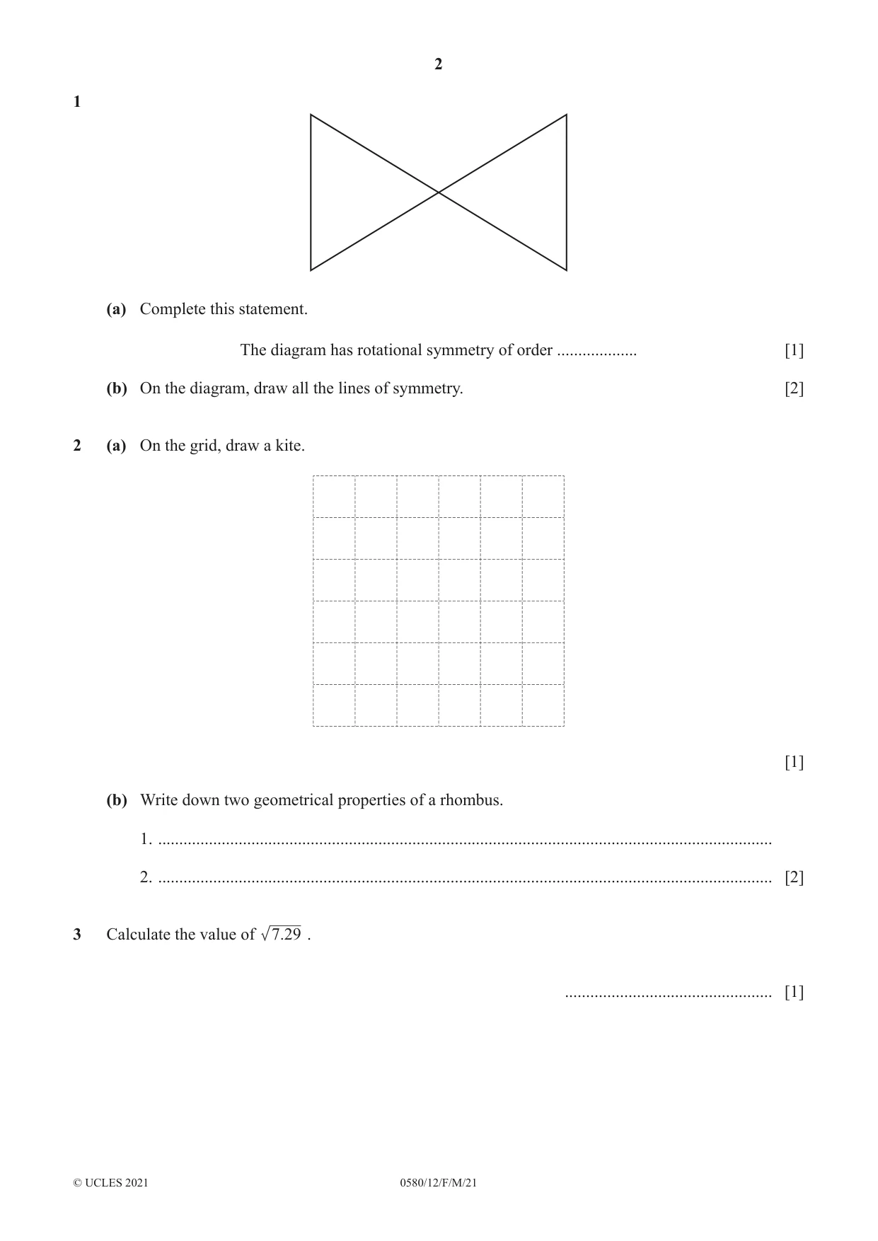 Cambridge IGCSE Mathematics 0580 2021 Feb/March Paper 1 · Variant 2 question paper, page 2 of 12