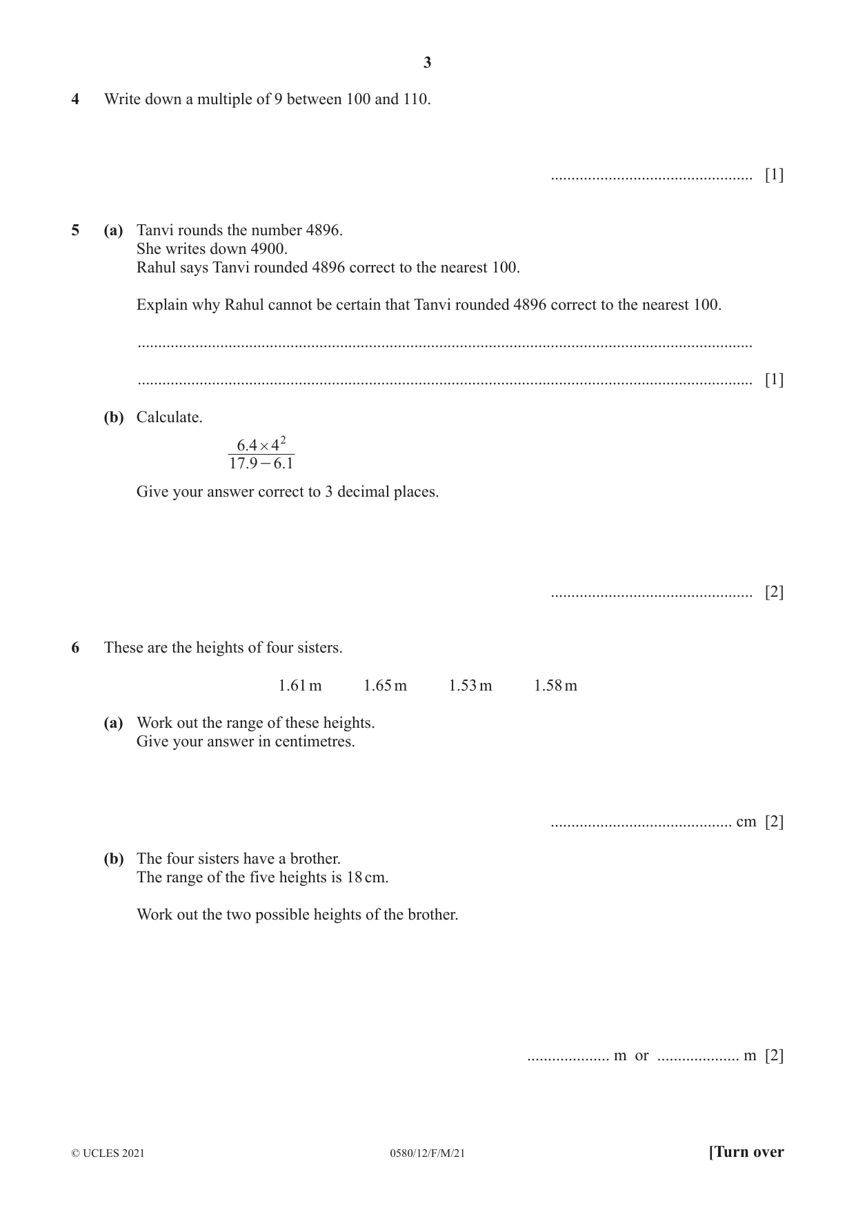 Cambridge IGCSE Mathematics 0580 2021 Feb/March Paper 1 · Variant 2 question paper, page 3 of 12