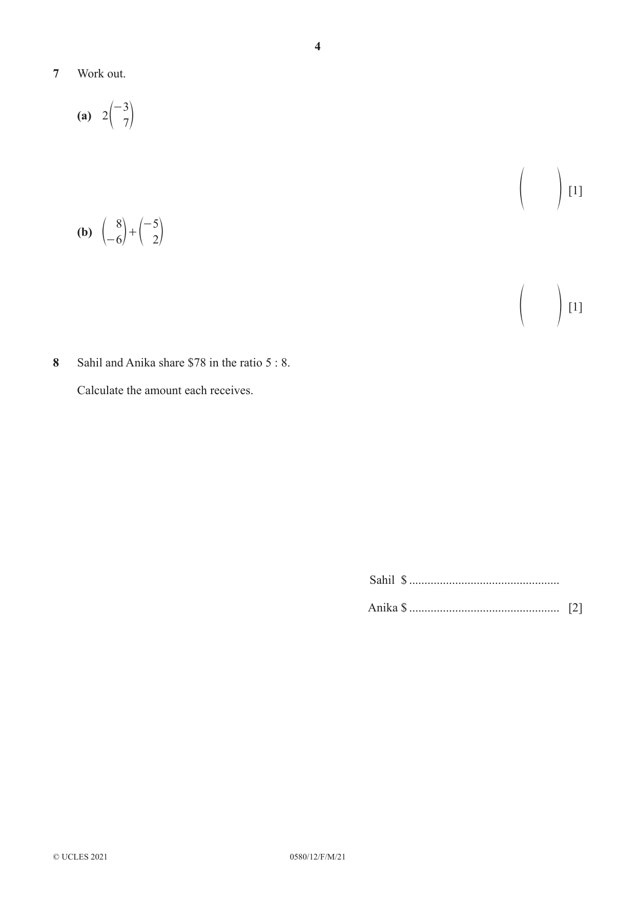 Cambridge IGCSE Mathematics 0580 2021 Feb/March Paper 1 · Variant 2 question paper, page 4 of 12