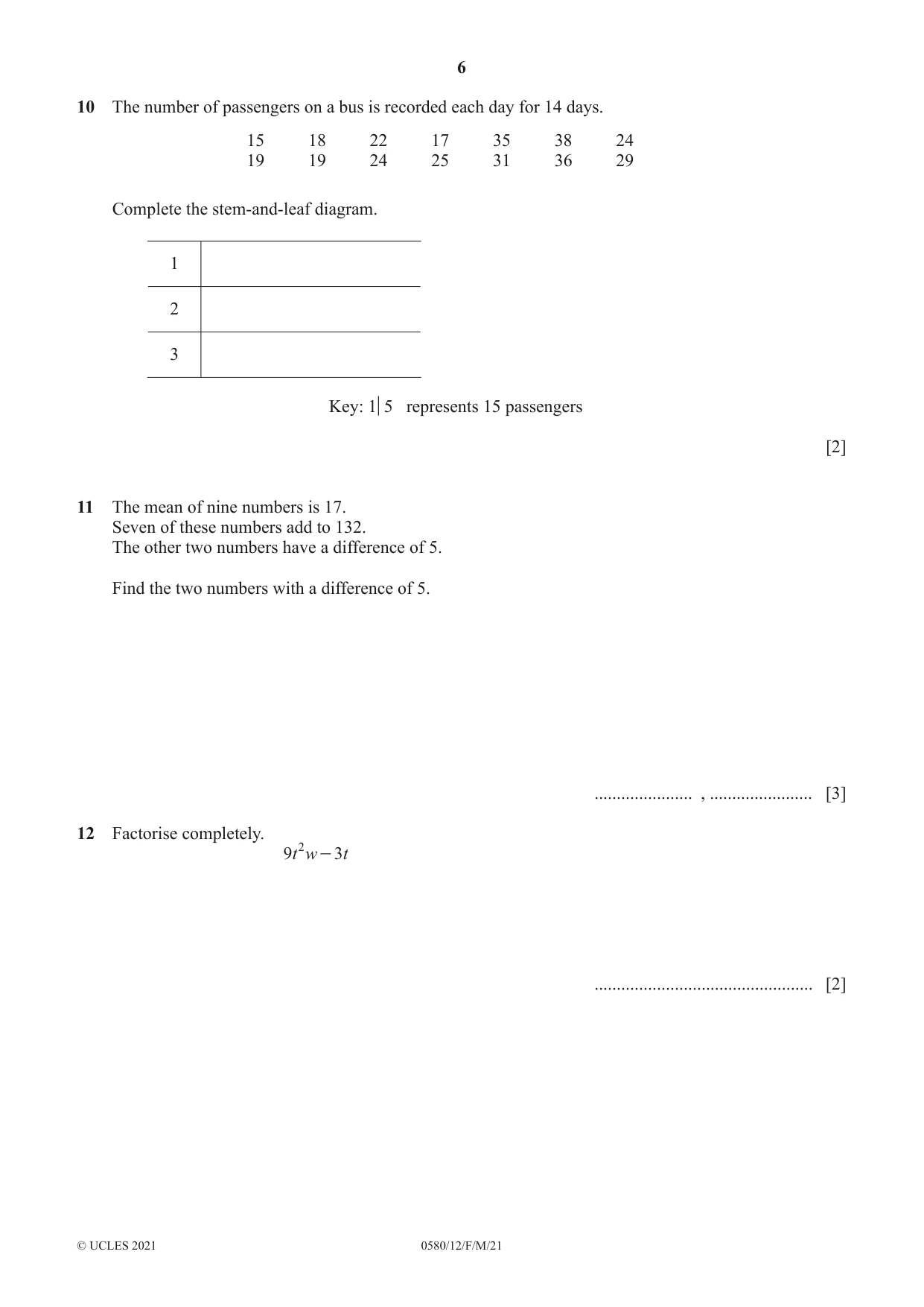 Cambridge IGCSE Mathematics 0580 2021 Feb/March Paper 1 · Variant 2 question paper, page 6 of 12