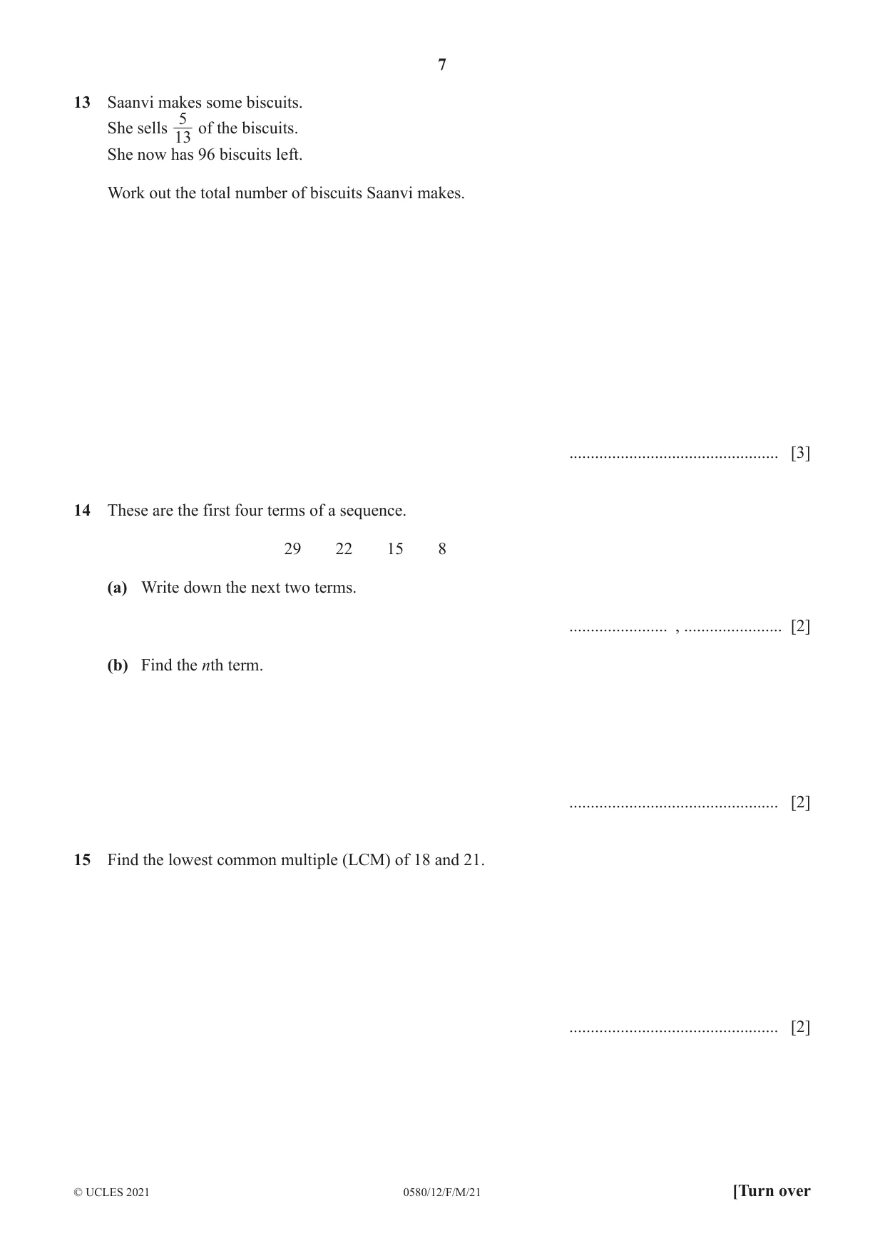 Cambridge IGCSE Mathematics 0580 2021 Feb/March Paper 1 · Variant 2 question paper, page 7 of 12