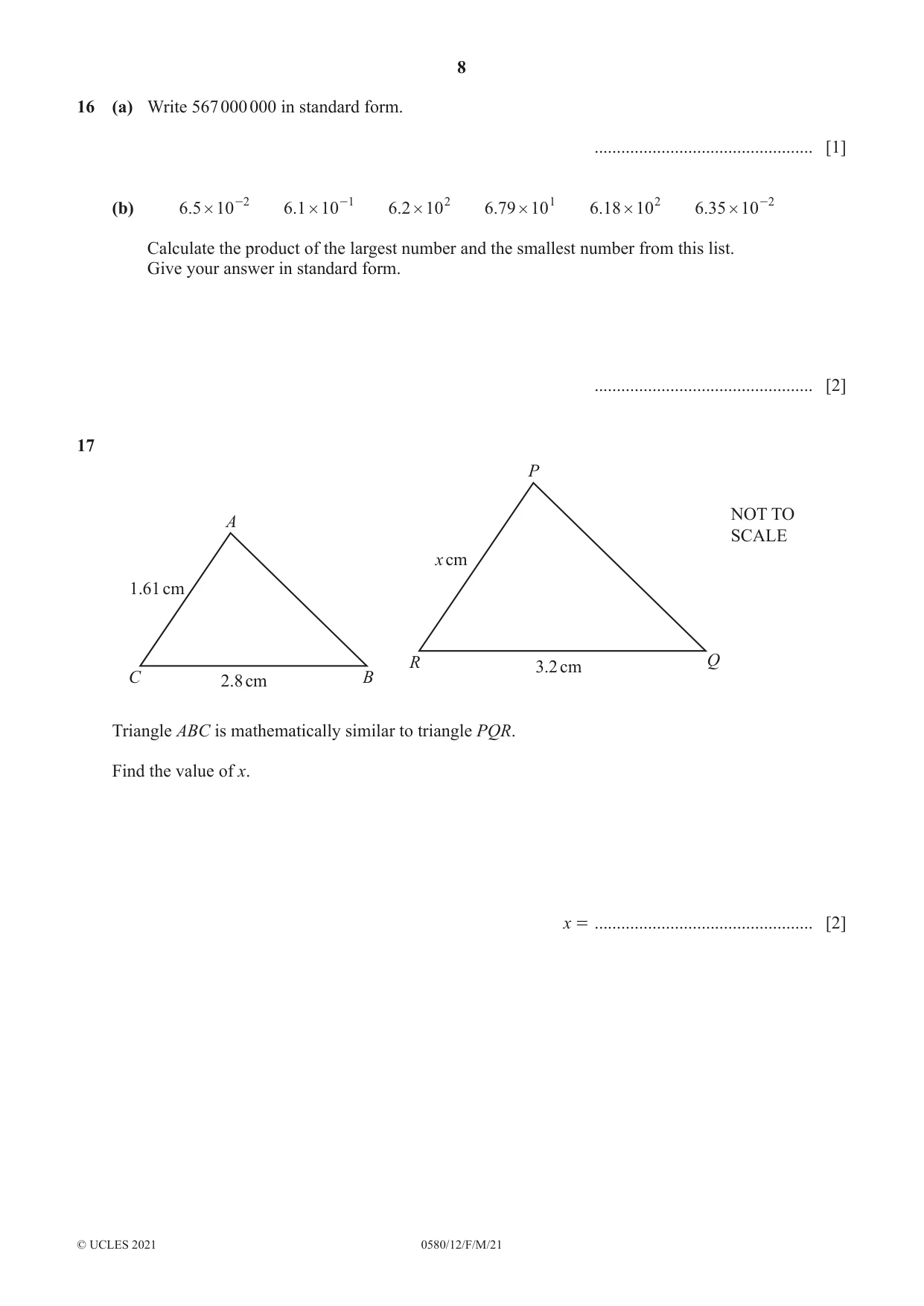 Cambridge IGCSE Mathematics 0580 2021 Feb/March Paper 1 · Variant 2 question paper, page 8 of 12