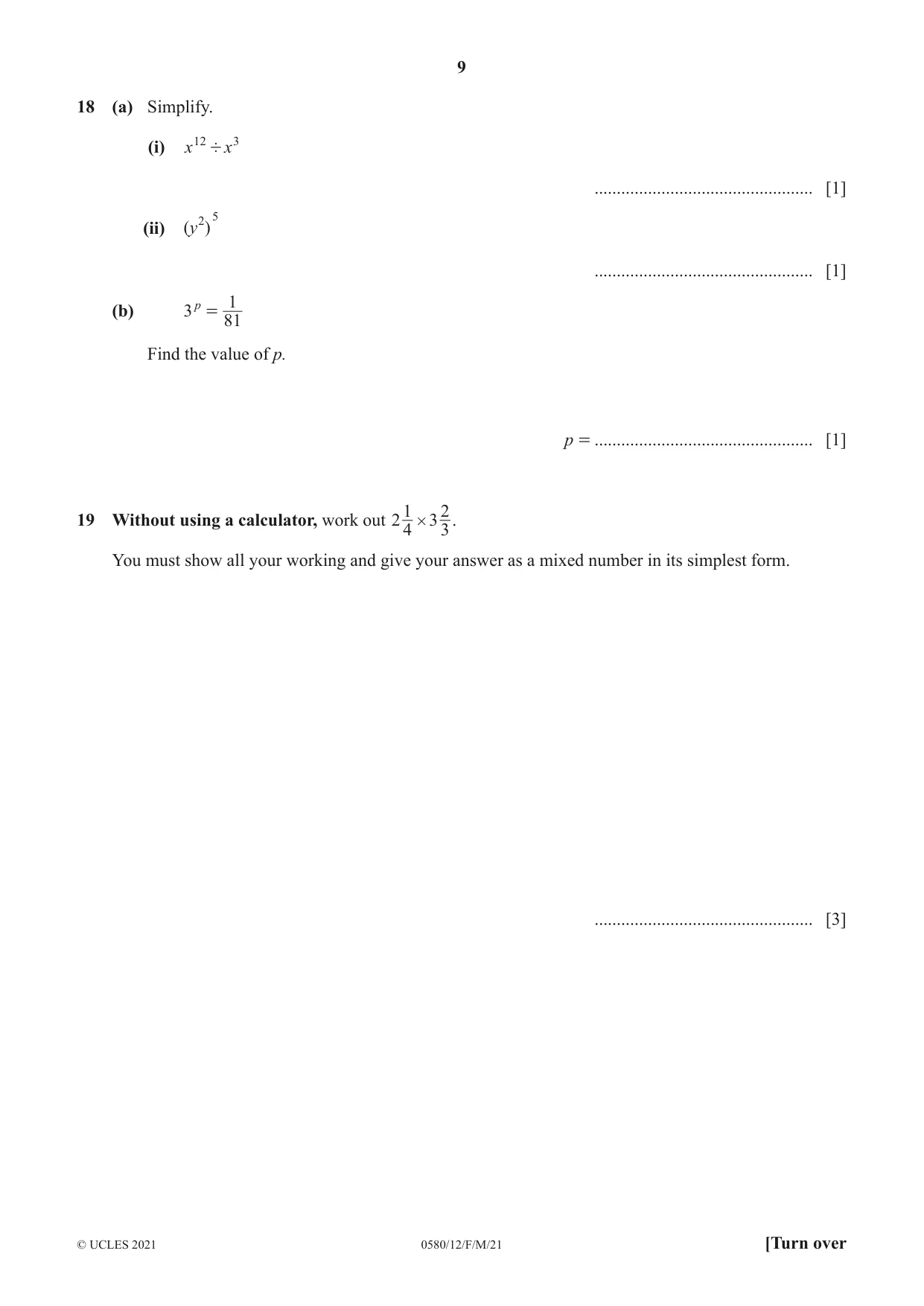 Cambridge IGCSE Mathematics 0580 2021 Feb/March Paper 1 · Variant 2 question paper, page 9 of 12