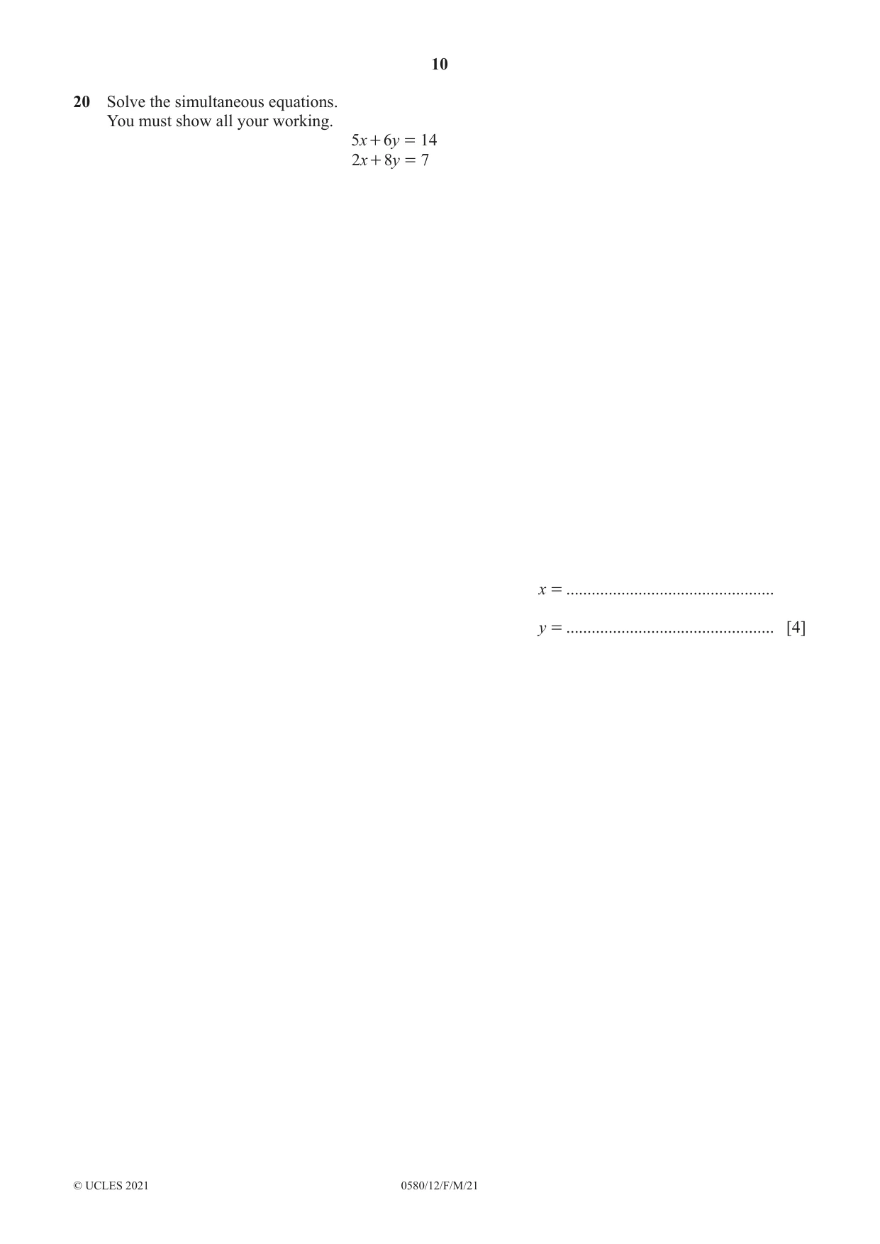 Cambridge IGCSE Mathematics 0580 2021 Feb/March Paper 1 · Variant 2 question paper, page 10 of 12
