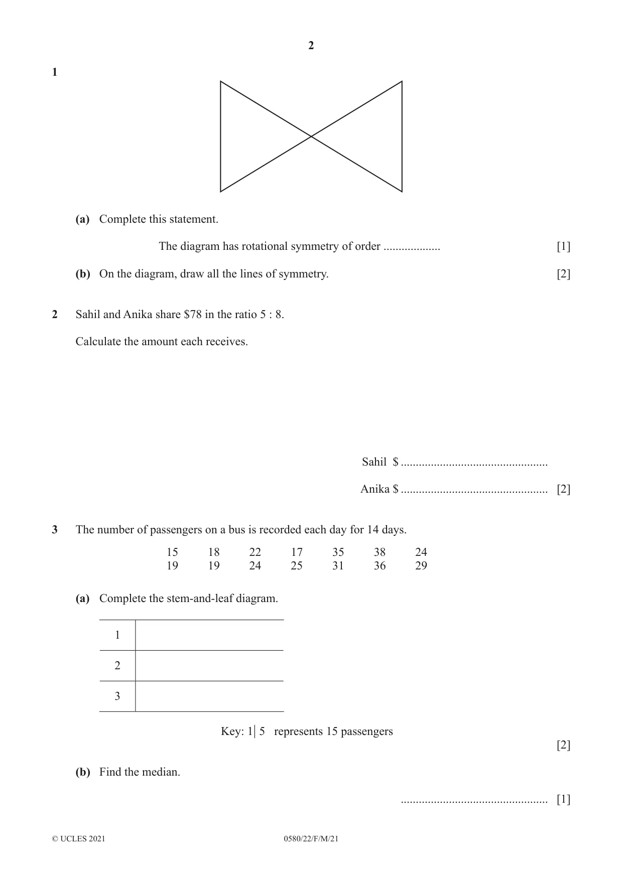 Cambridge IGCSE Mathematics 0580 2021 Feb/March Paper 2 · Variant 2 question paper, page 2 of 12
