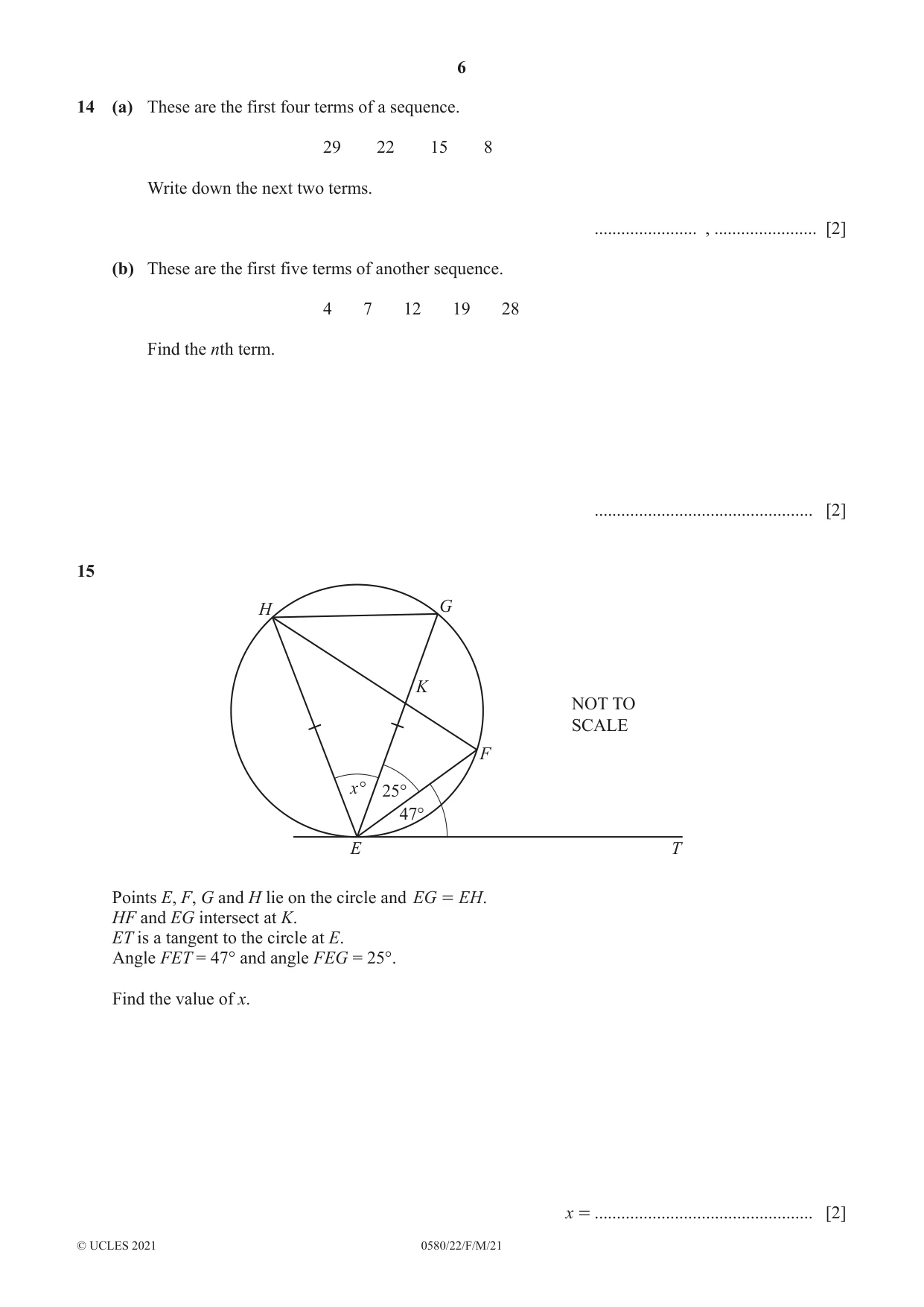 Cambridge IGCSE Mathematics 0580 2021 Feb/March Paper 2 · Variant 2 question paper, page 6 of 12