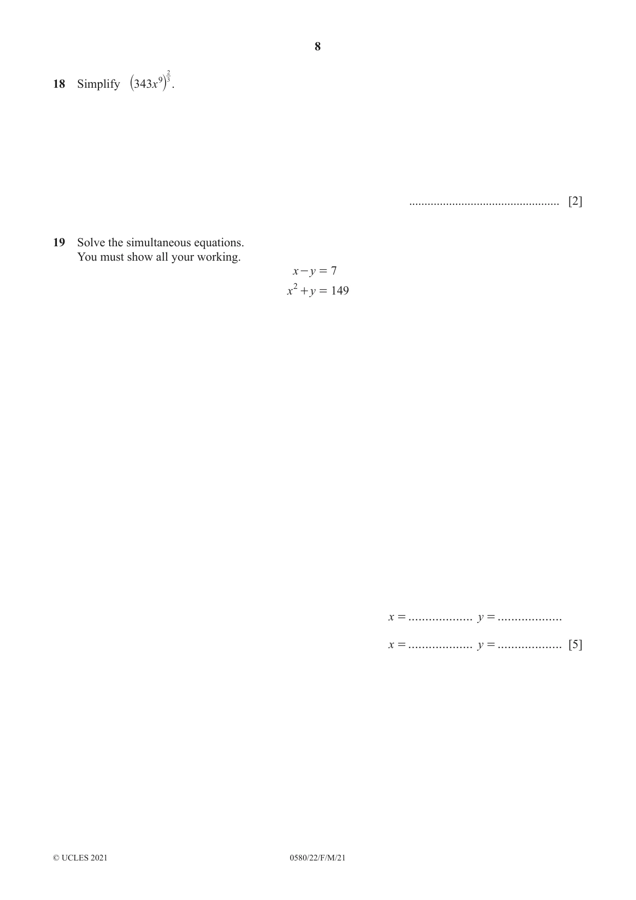 Cambridge IGCSE Mathematics 0580 2021 Feb/March Paper 2 · Variant 2 question paper, page 8 of 12
