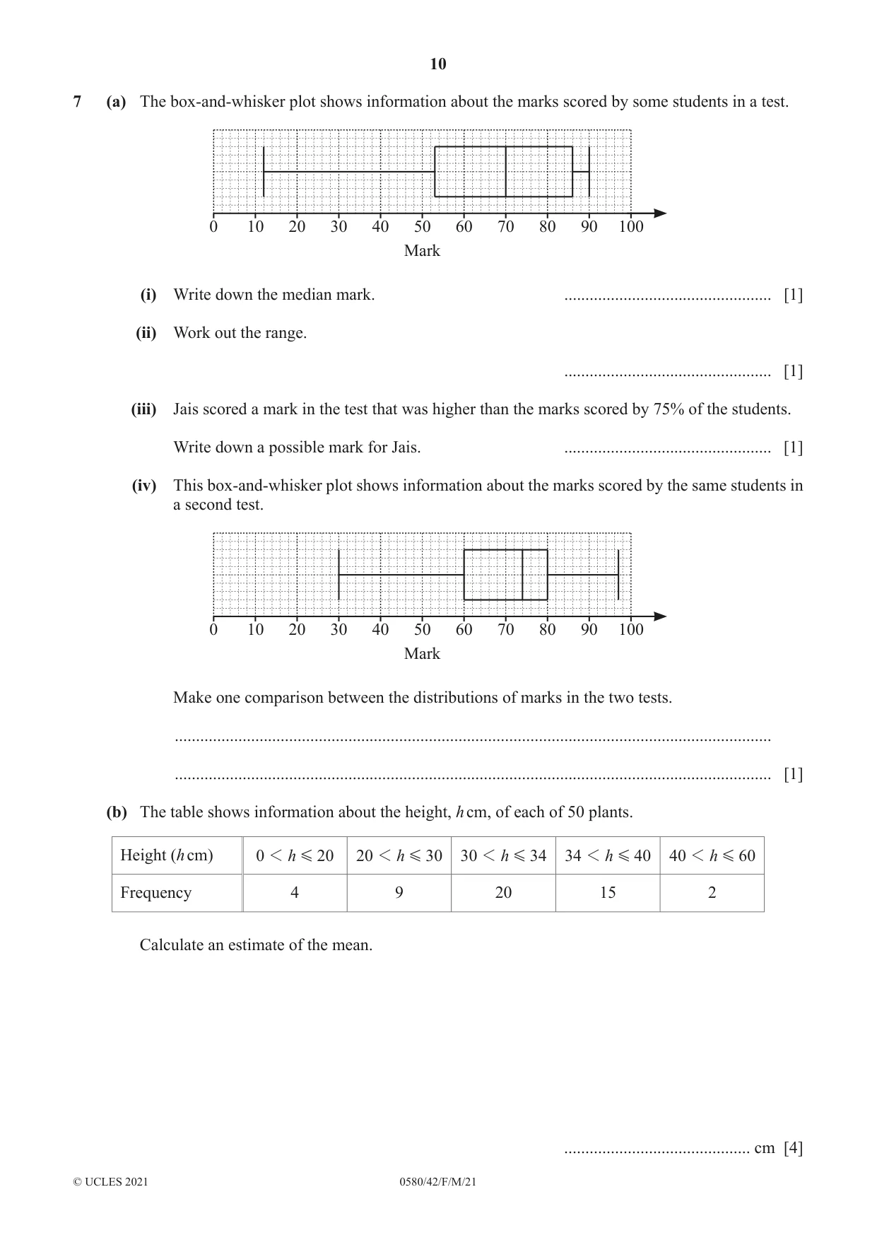 Cambridge IGCSE Mathematics 0580 2021 Feb/March Paper 4 · Variant 2 question paper, page 10 of 20