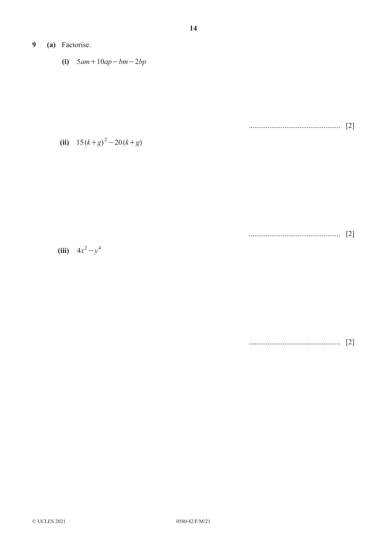 Cambridge IGCSE Mathematics 0580 2021 Feb/March Paper 4 · Variant 2 question paper, page 14 of 20