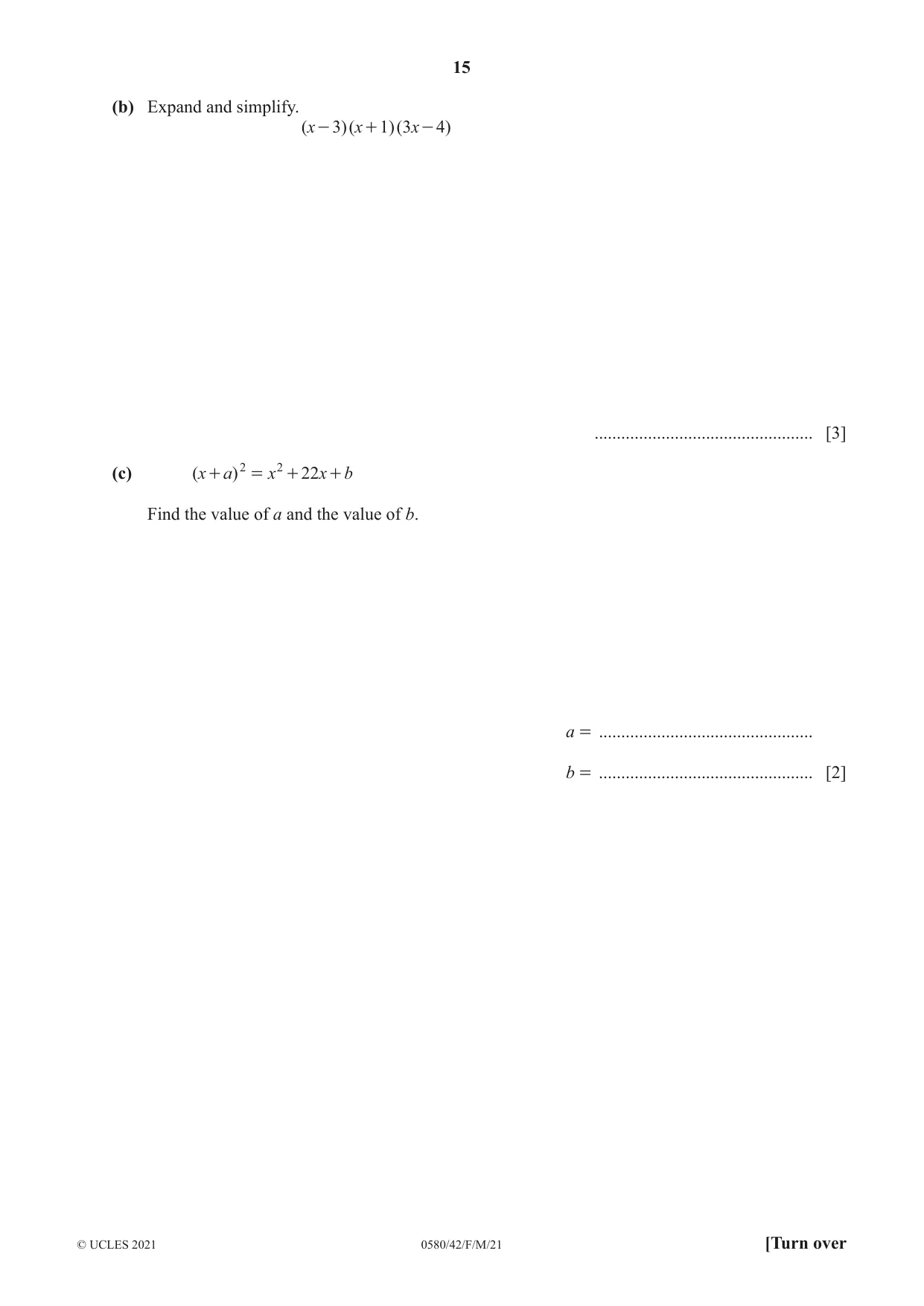 Cambridge IGCSE Mathematics 0580 2021 Feb/March Paper 4 · Variant 2 question paper, page 15 of 20