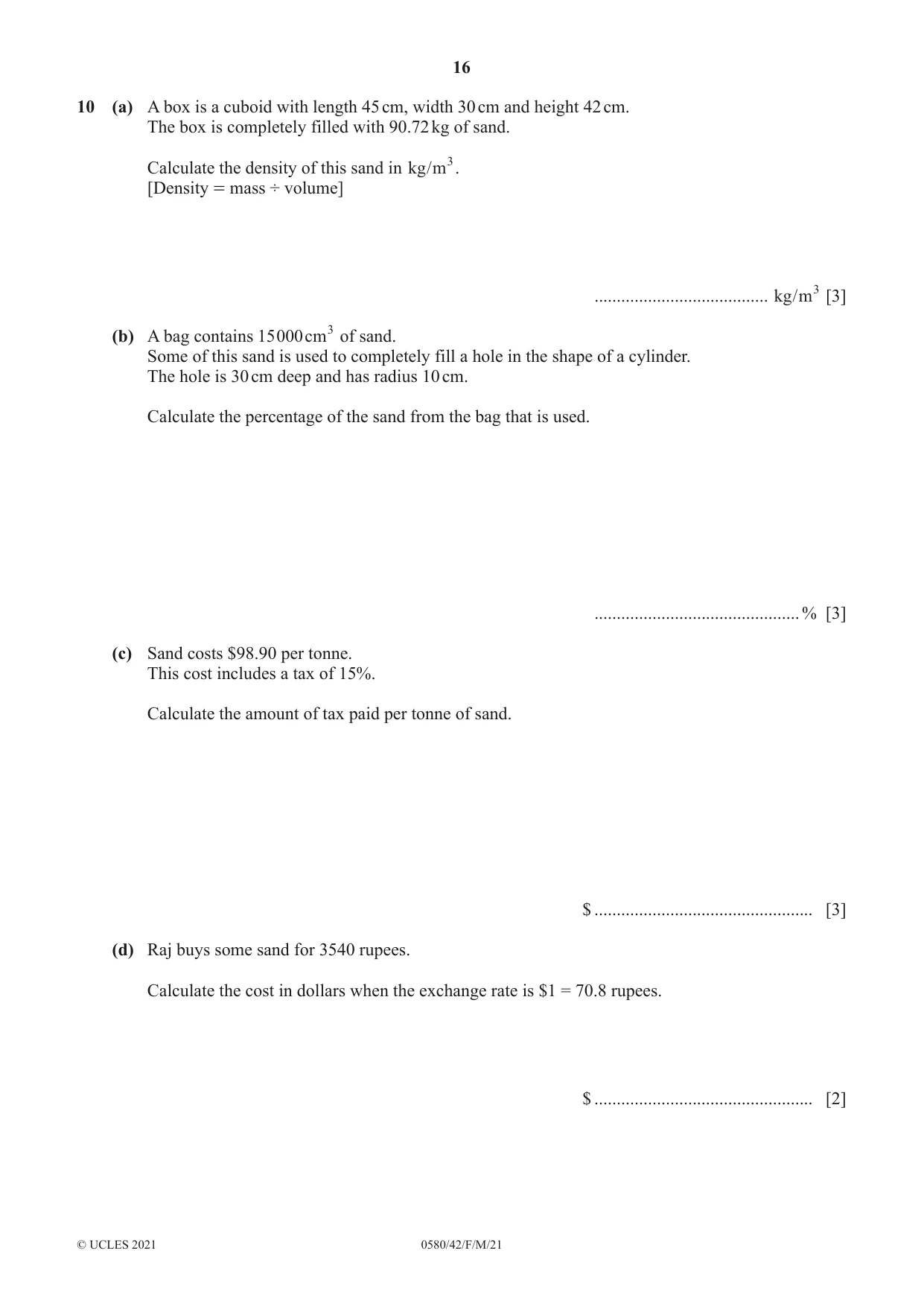 Cambridge IGCSE Mathematics 0580 2021 Feb/March Paper 4 · Variant 2 question paper, page 16 of 20