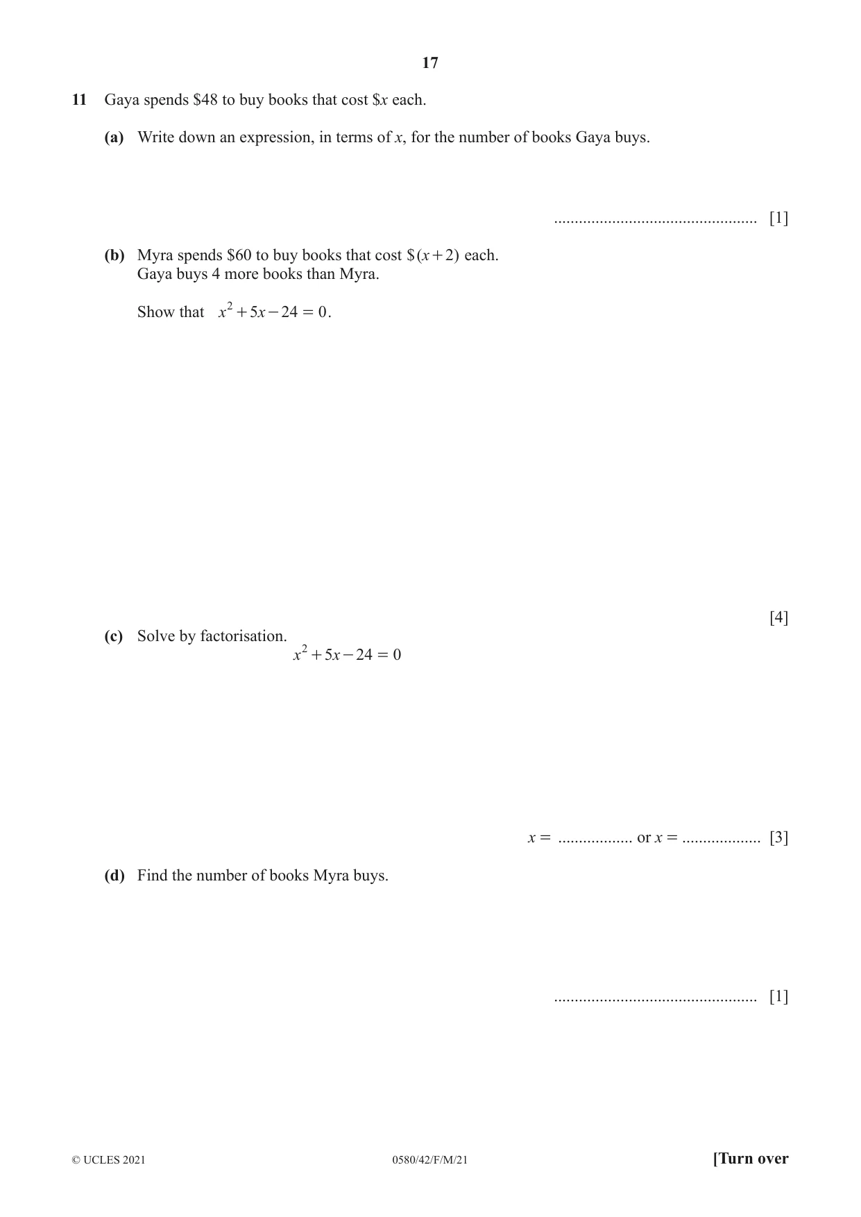 Cambridge IGCSE Mathematics 0580 2021 Feb/March Paper 4 · Variant 2 question paper, page 17 of 20