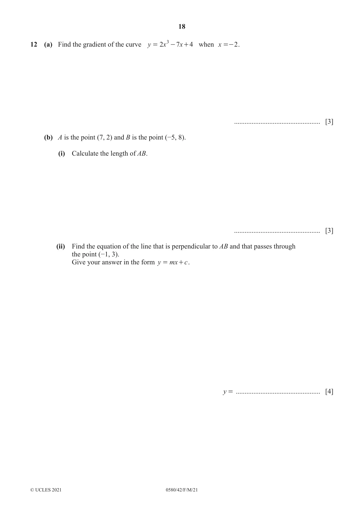 Cambridge IGCSE Mathematics 0580 2021 Feb/March Paper 4 · Variant 2 question paper, page 18 of 20
