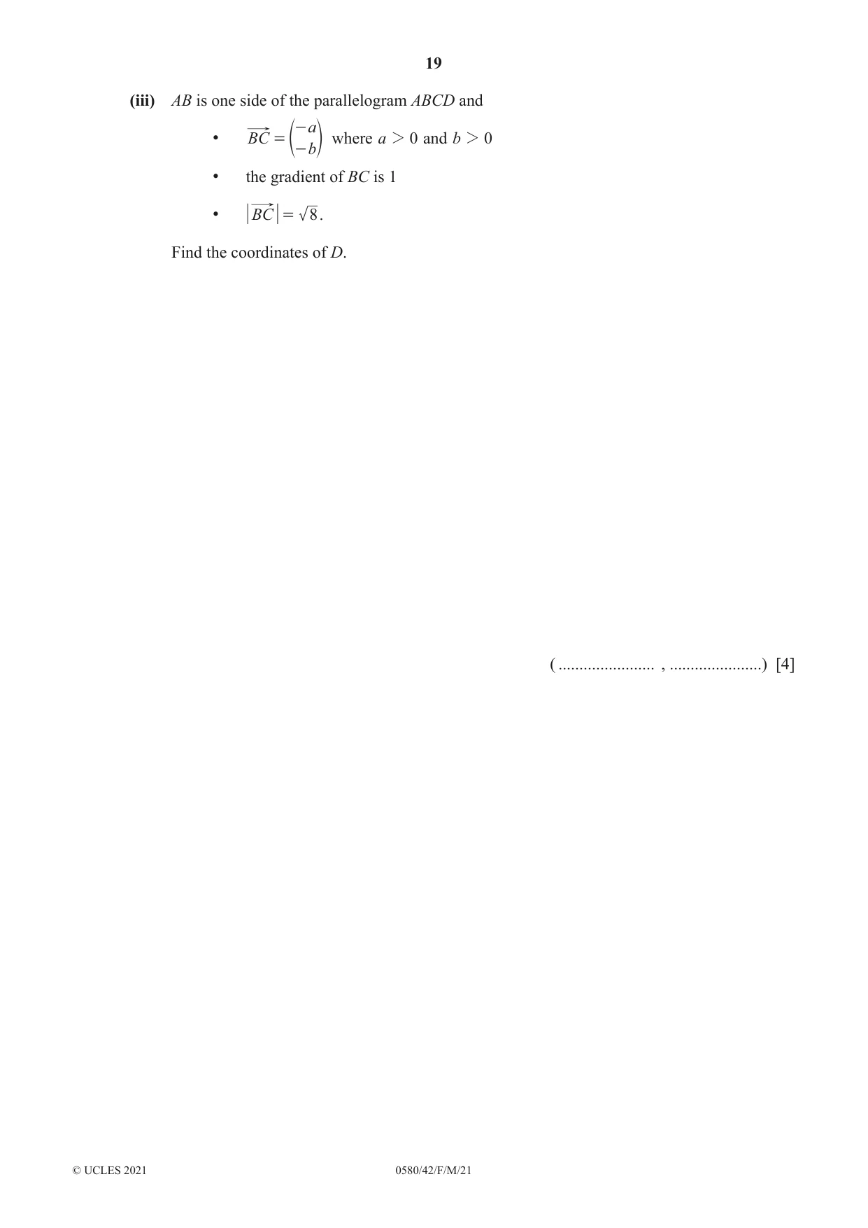 Cambridge IGCSE Mathematics 0580 2021 Feb/March Paper 4 · Variant 2 question paper, page 19 of 20