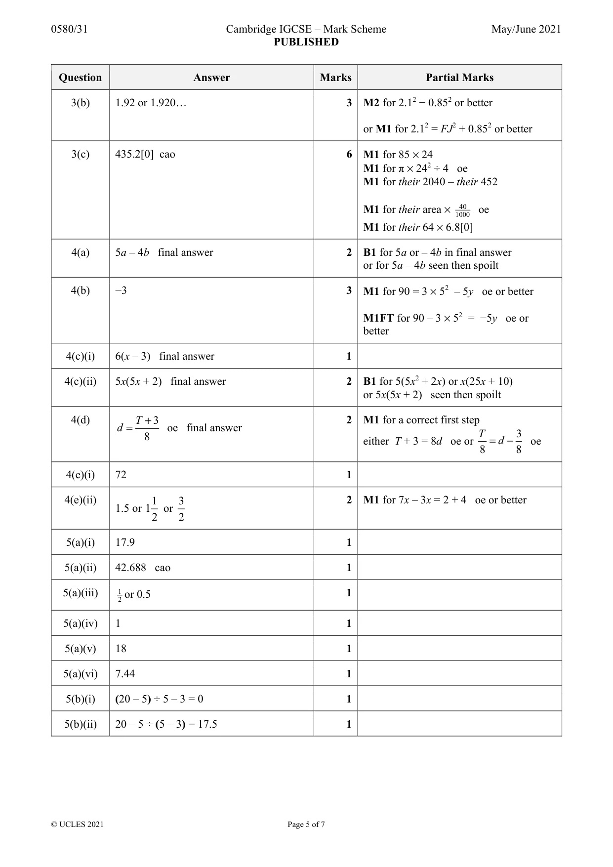 Mark scheme, page 5 of 7