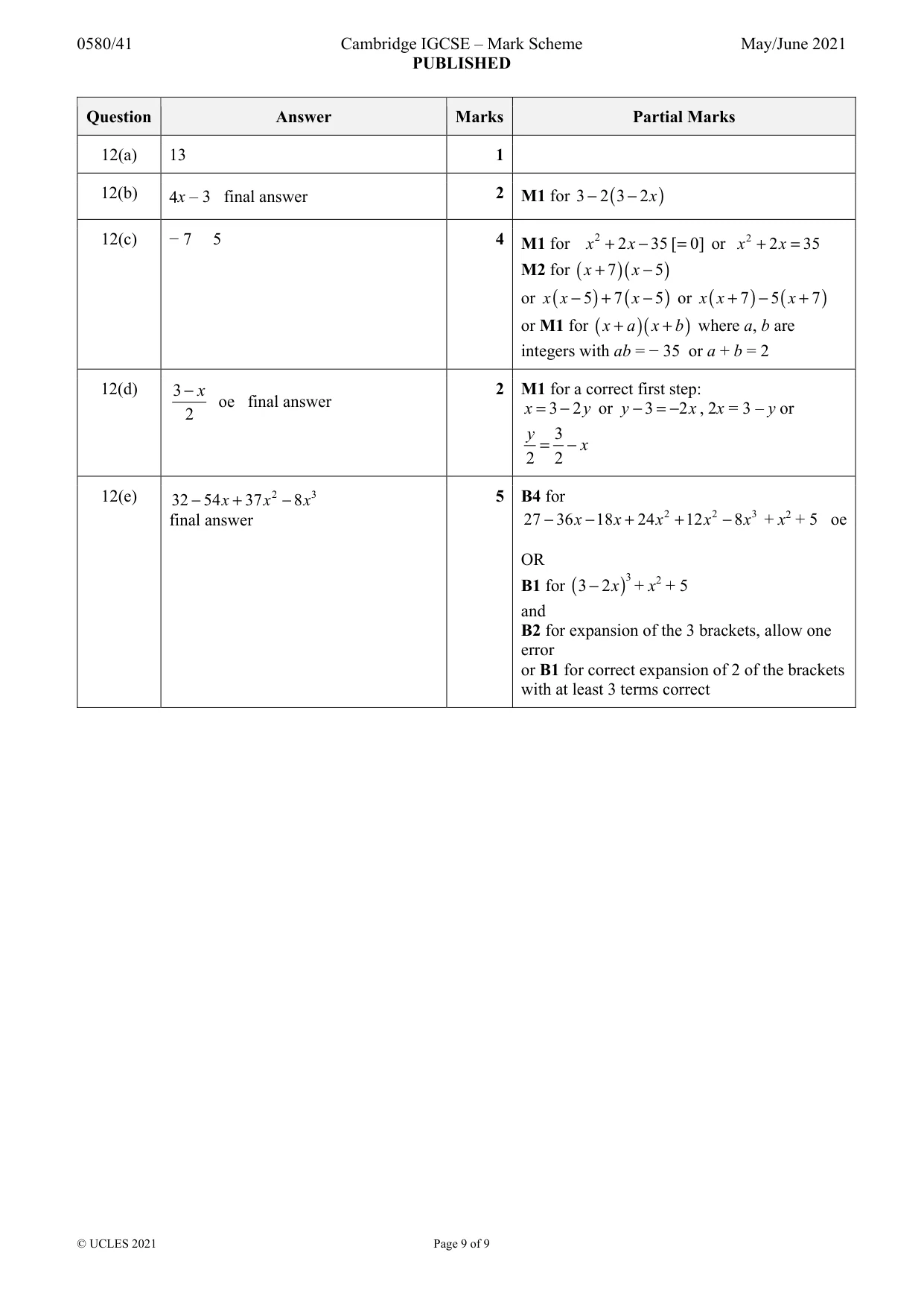Mark scheme, page 9 of 9