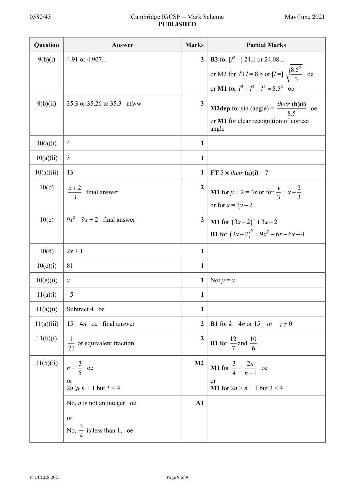 Mark scheme, page 9 of 9