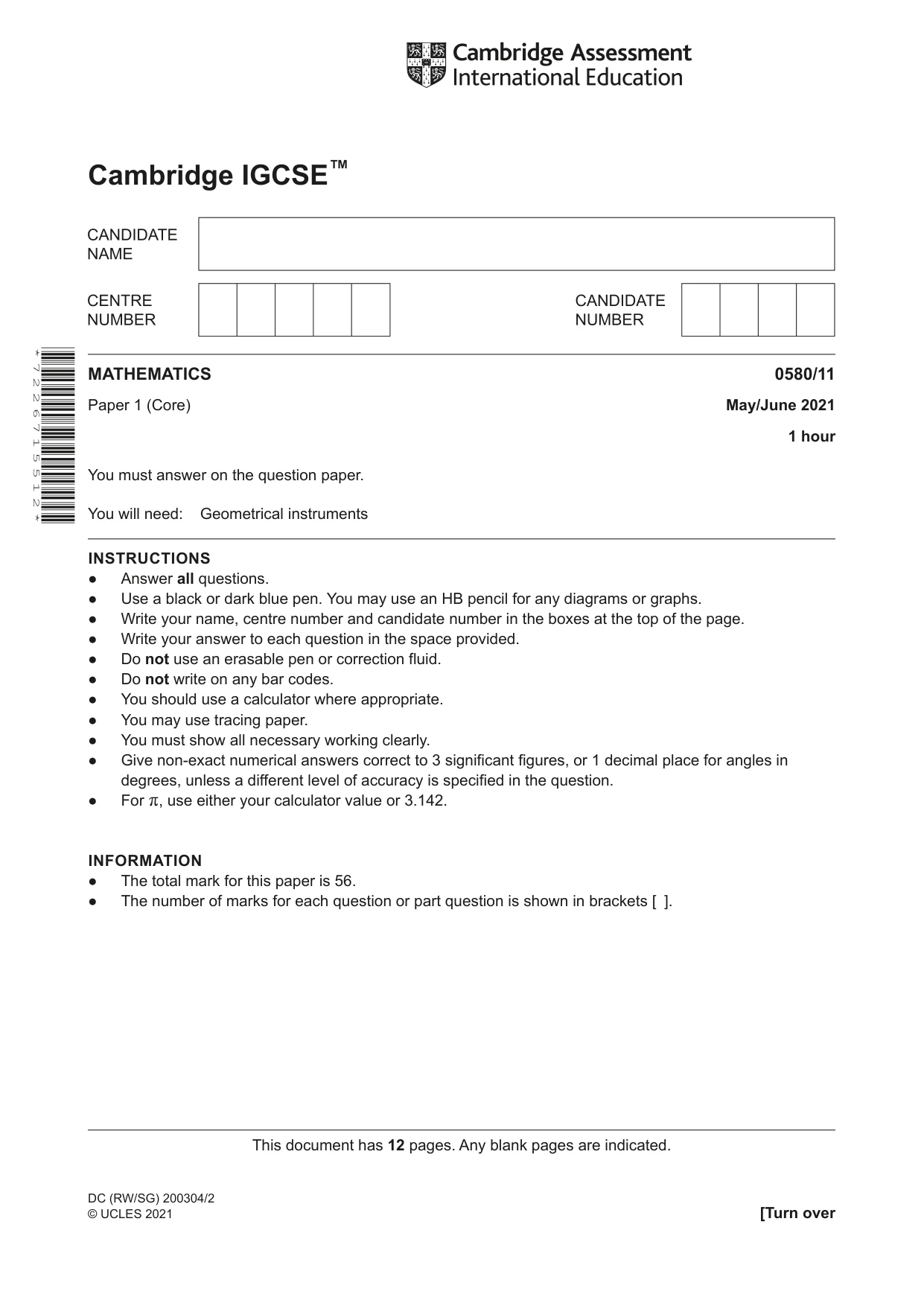 Cambridge IGCSE Mathematics 0580 2021 May/June Paper 1 · Variant 1 question paper, page 1 of 12