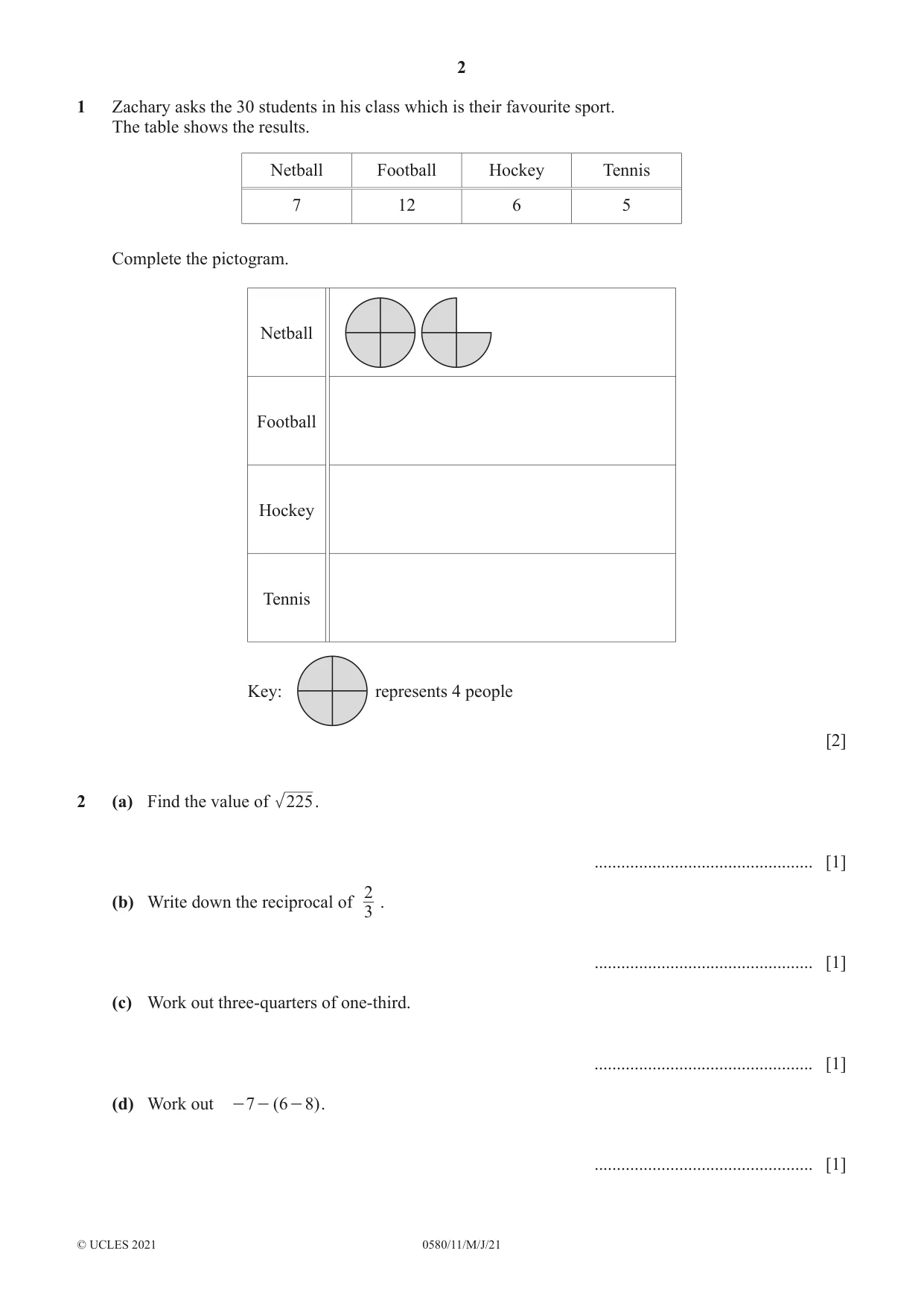Cambridge IGCSE Mathematics 0580 2021 May/June Paper 1 · Variant 1 question paper, page 2 of 12