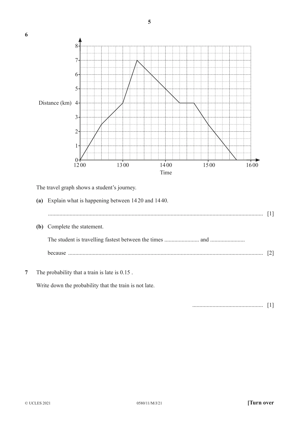 Cambridge IGCSE Mathematics 0580 2021 May/June Paper 1 · Variant 1 question paper, page 5 of 12