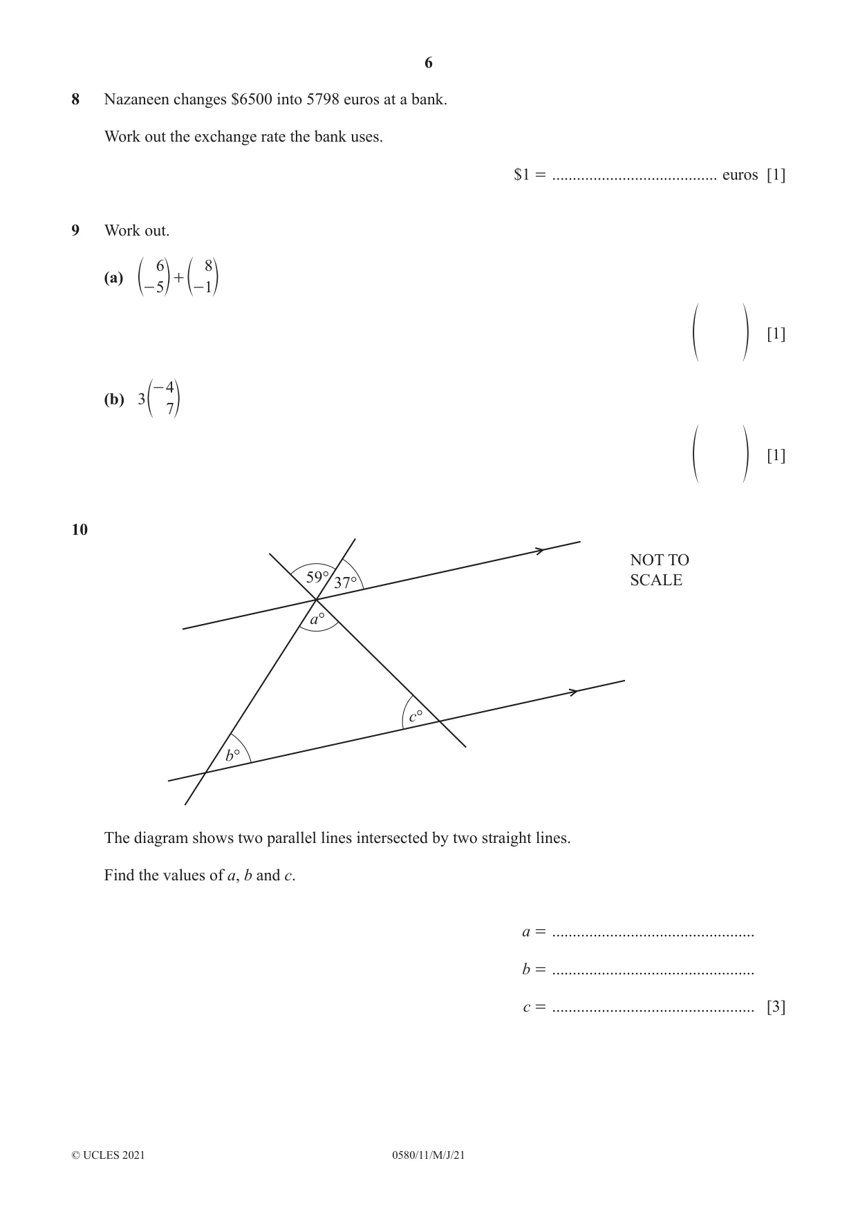 Cambridge IGCSE Mathematics 0580 2021 May/June Paper 1 · Variant 1 question paper, page 6 of 12