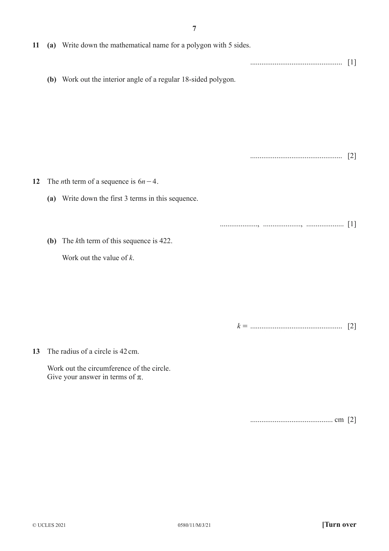 Cambridge IGCSE Mathematics 0580 2021 May/June Paper 1 · Variant 1 question paper, page 7 of 12
