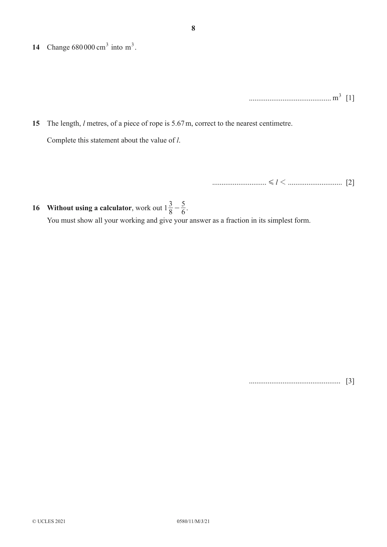 Cambridge IGCSE Mathematics 0580 2021 May/June Paper 1 · Variant 1 question paper, page 8 of 12
