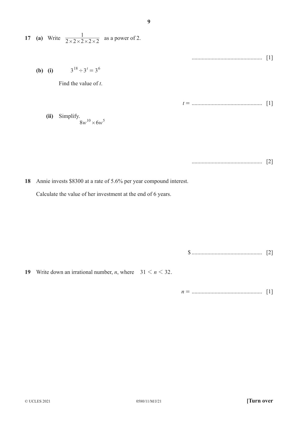 Cambridge IGCSE Mathematics 0580 2021 May/June Paper 1 · Variant 1 question paper, page 9 of 12