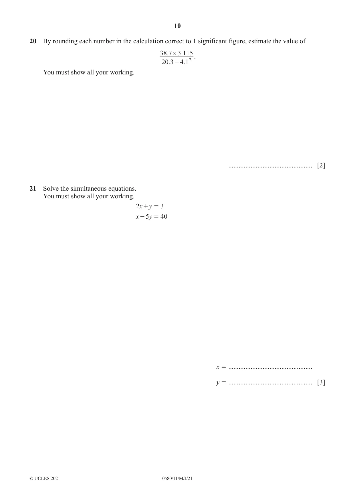 Cambridge IGCSE Mathematics 0580 2021 May/June Paper 1 · Variant 1 question paper, page 10 of 12
