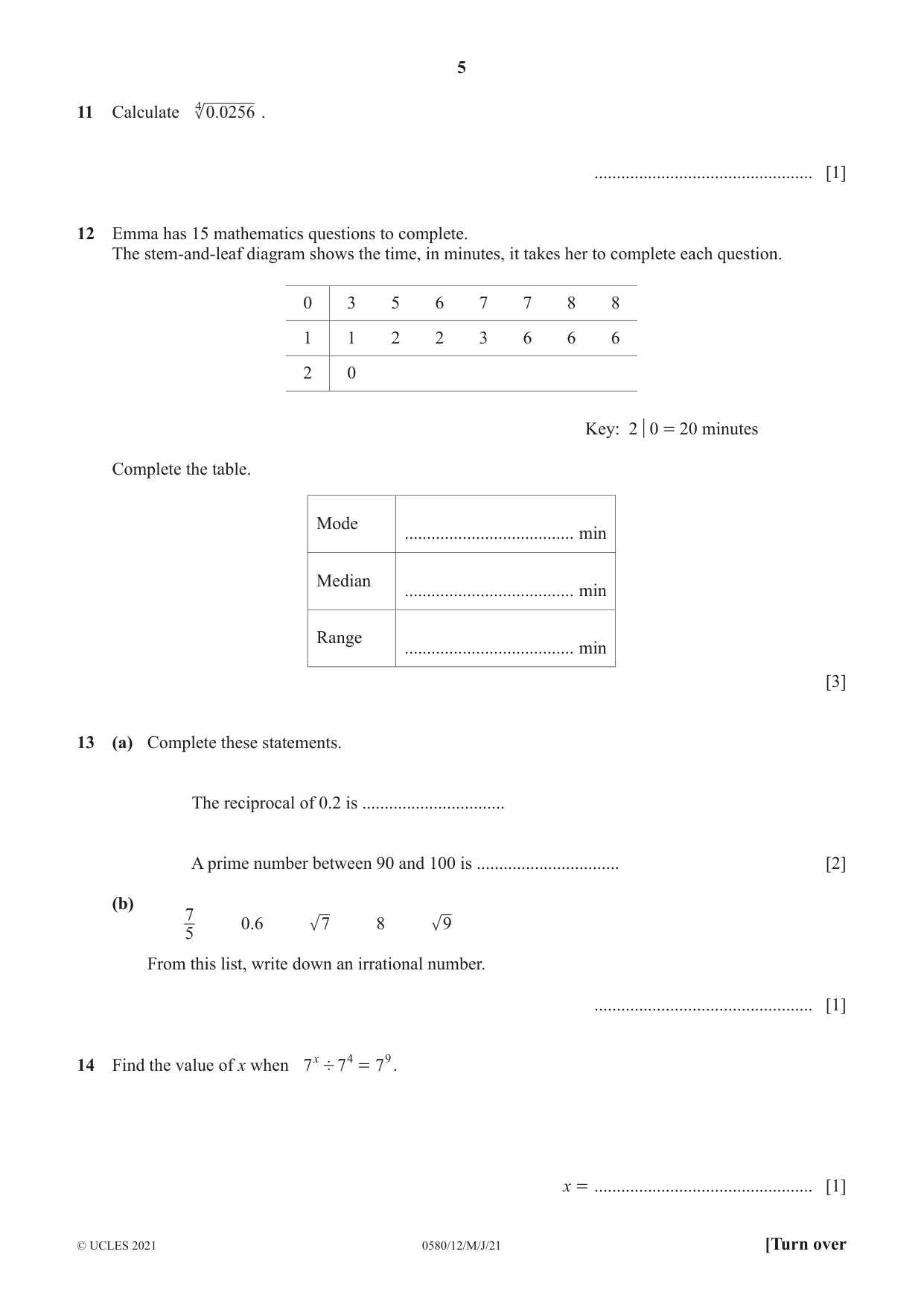 Cambridge IGCSE Mathematics 0580 2021 May/June Paper 1 · Variant 2 question paper, page 5 of 12