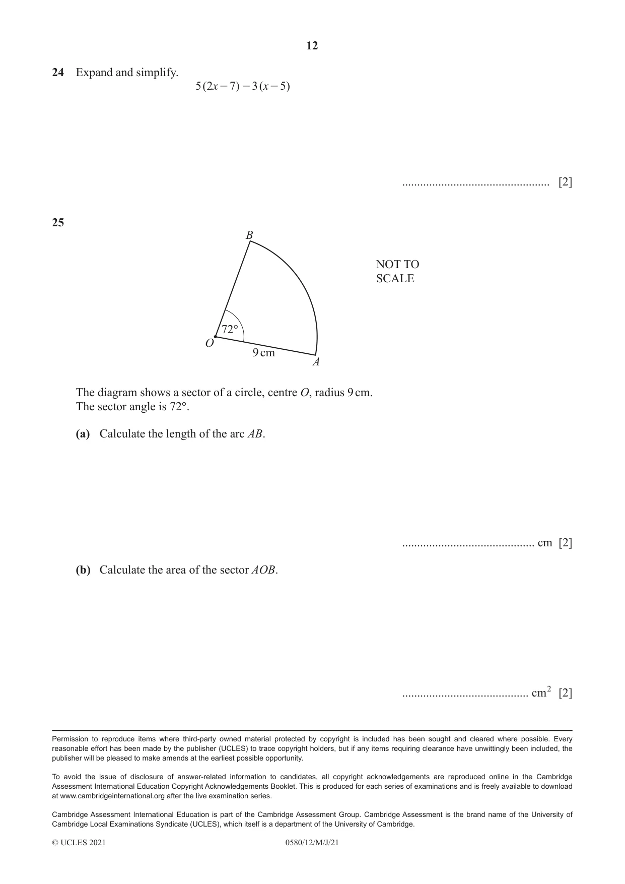 Cambridge IGCSE Mathematics 0580 2021 May/June Paper 1 · Variant 2 question paper, page 12 of 12