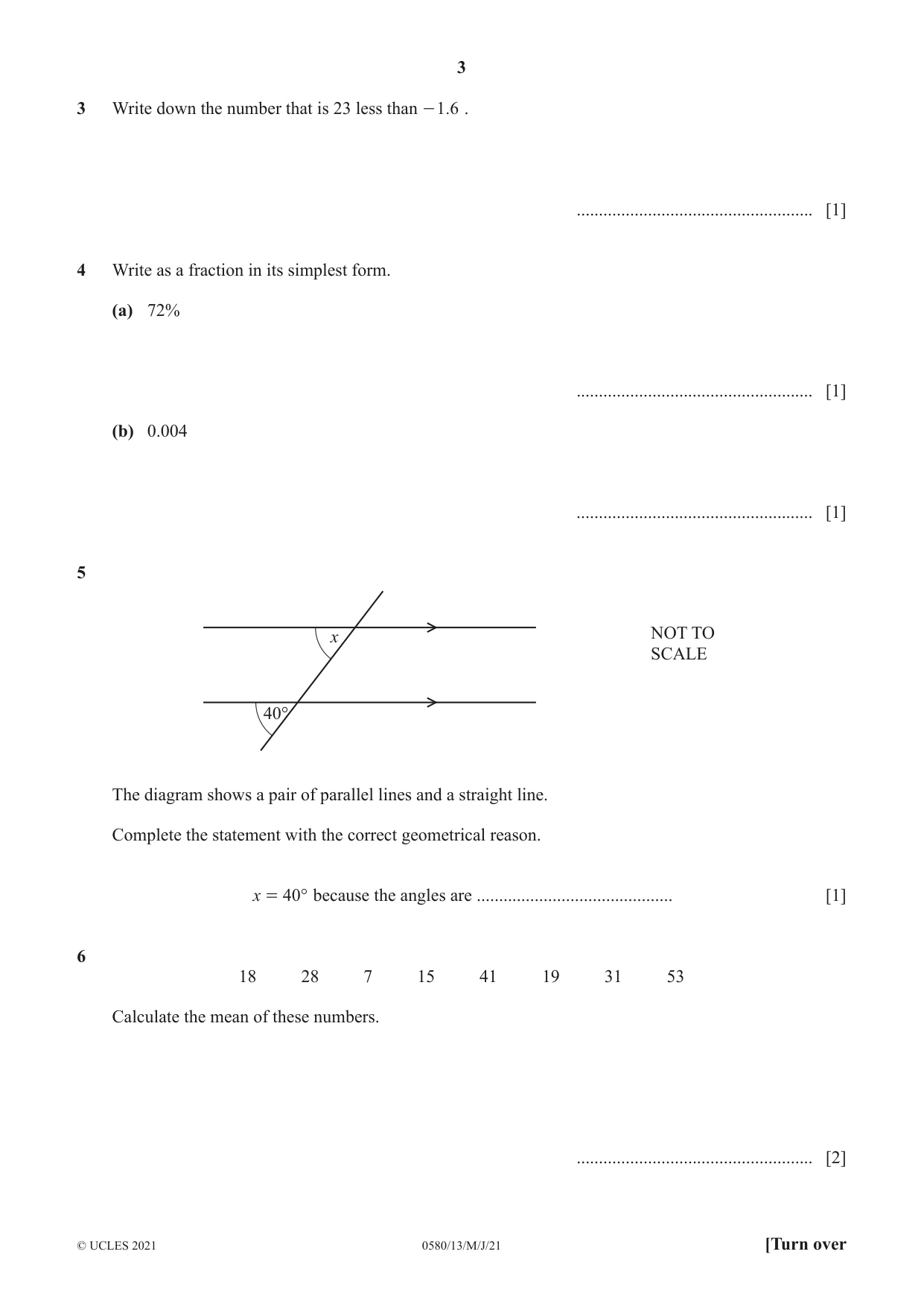 Cambridge IGCSE Mathematics 0580 2021 May/June Paper 1 · Variant 3 question paper, page 3 of 12