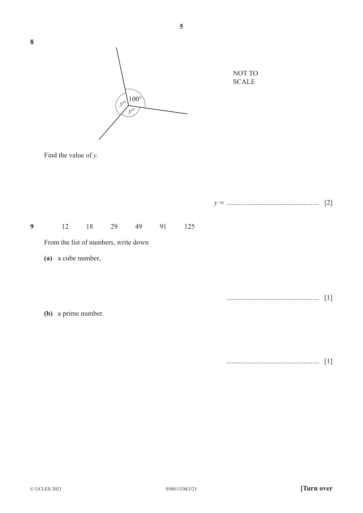 Cambridge IGCSE Mathematics 0580 2021 May/June Paper 1 · Variant 3 question paper, page 5 of 12