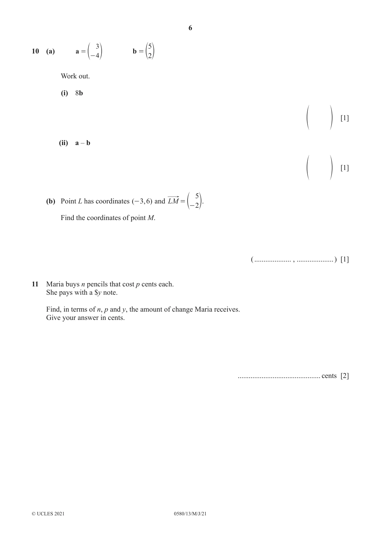 Cambridge IGCSE Mathematics 0580 2021 May/June Paper 1 · Variant 3 question paper, page 6 of 12