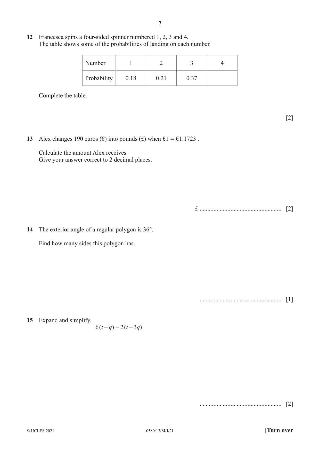 Cambridge IGCSE Mathematics 0580 2021 May/June Paper 1 · Variant 3 question paper, page 7 of 12
