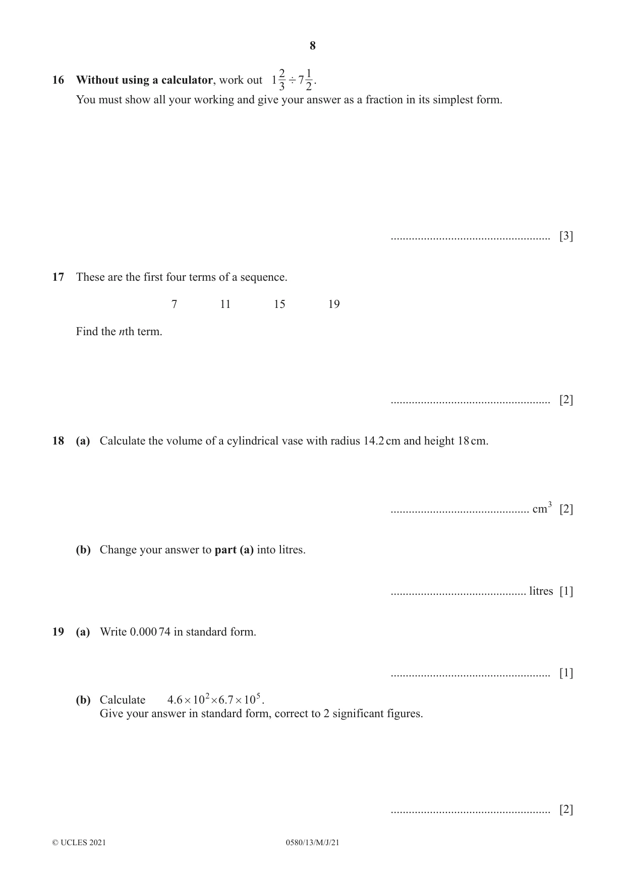 Cambridge IGCSE Mathematics 0580 2021 May/June Paper 1 · Variant 3 question paper, page 8 of 12