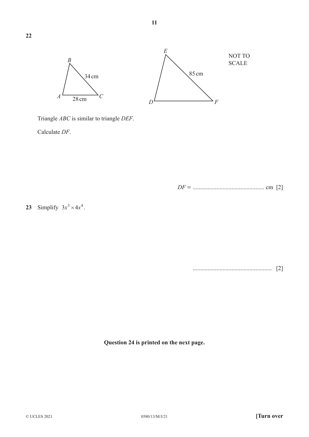 Cambridge IGCSE Mathematics 0580 2021 May/June Paper 1 · Variant 3 question paper, page 11 of 12