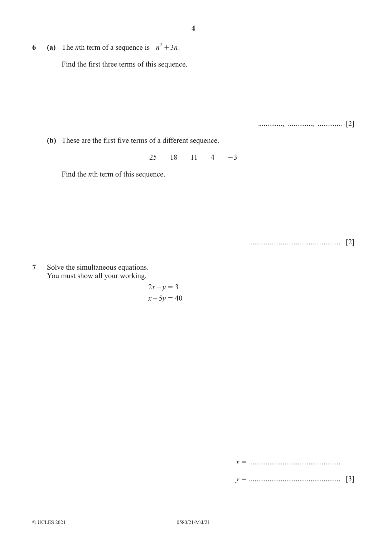 Cambridge IGCSE Mathematics 0580 2021 May/June Paper 2 · Variant 1 question paper, page 4 of 12