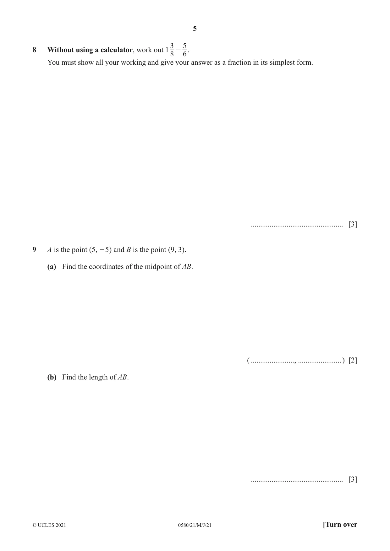 Cambridge IGCSE Mathematics 0580 2021 May/June Paper 2 · Variant 1 question paper, page 5 of 12