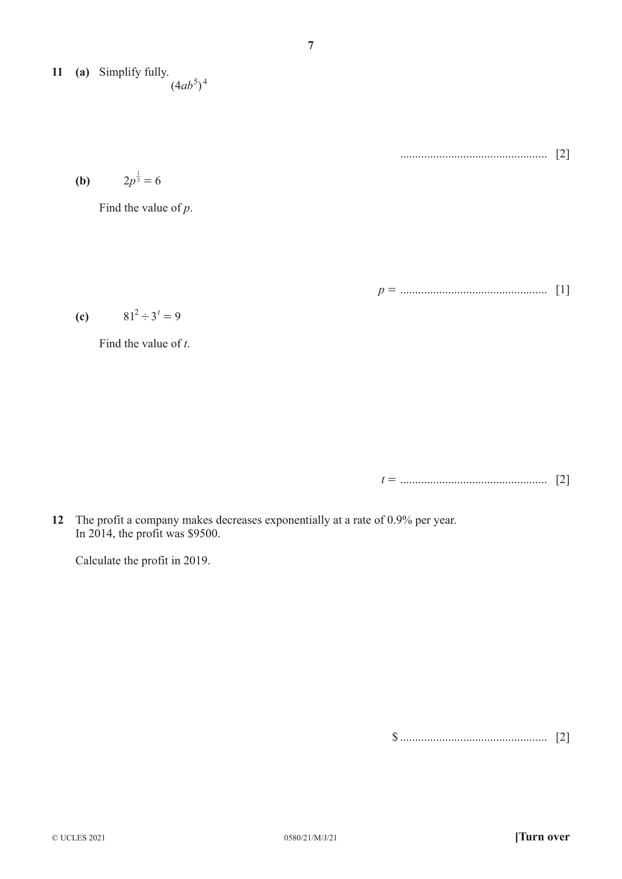 Cambridge IGCSE Mathematics 0580 2021 May/June Paper 2 · Variant 1 question paper, page 7 of 12