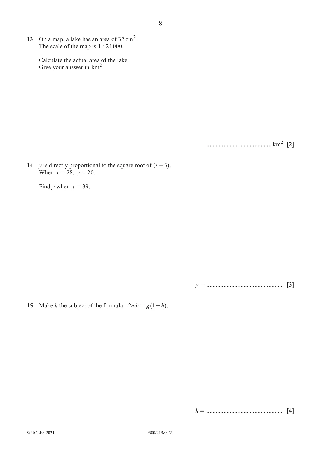 Cambridge IGCSE Mathematics 0580 2021 May/June Paper 2 · Variant 1 question paper, page 8 of 12