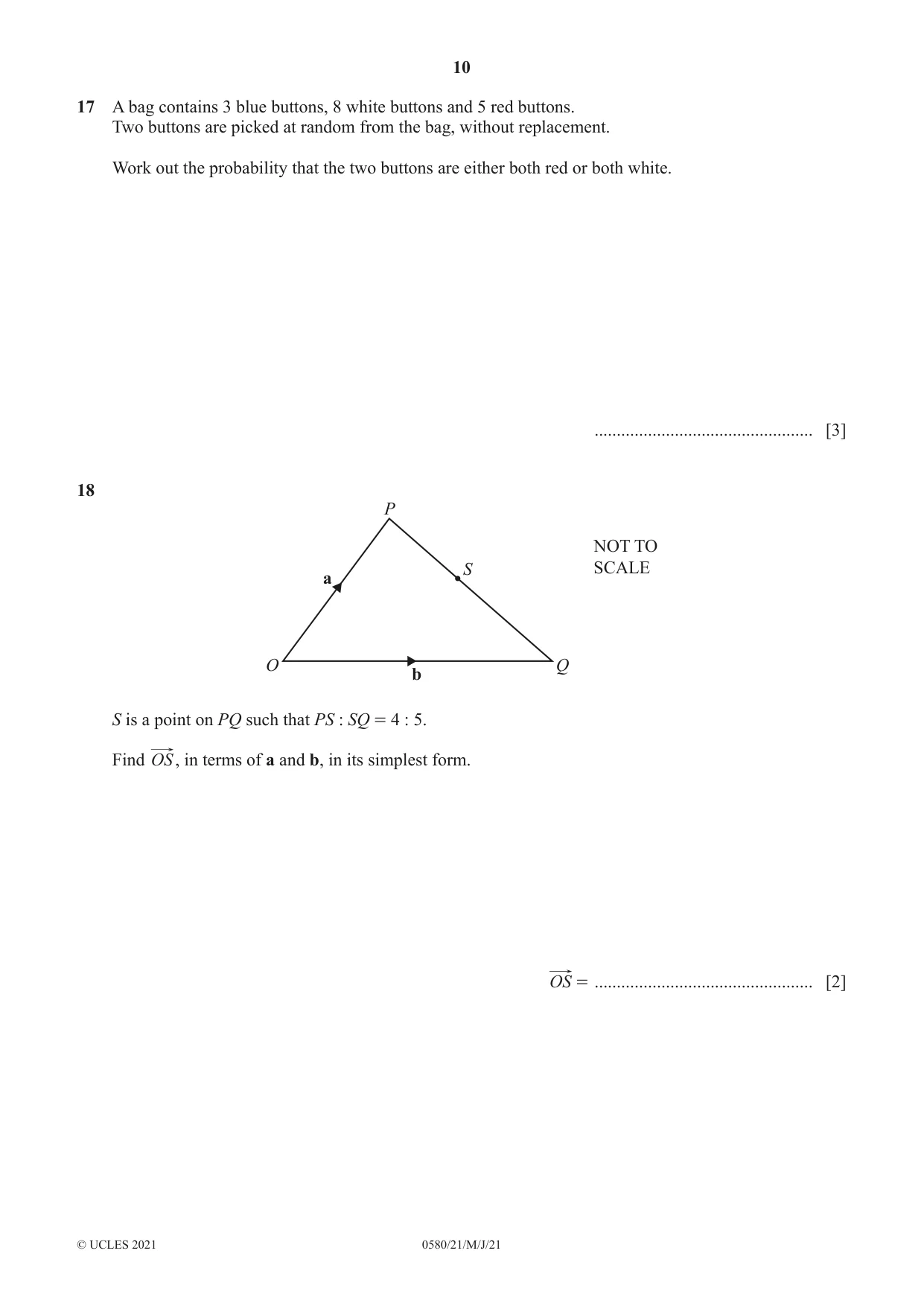 Cambridge IGCSE Mathematics 0580 2021 May/June Paper 2 · Variant 1 question paper, page 10 of 12
