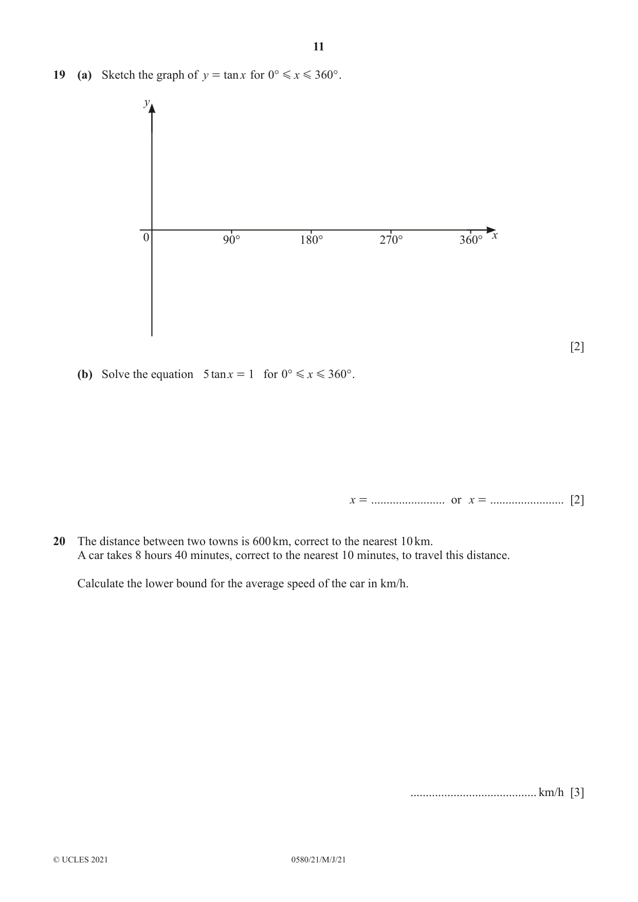 Cambridge IGCSE Mathematics 0580 2021 May/June Paper 2 · Variant 1 question paper, page 11 of 12