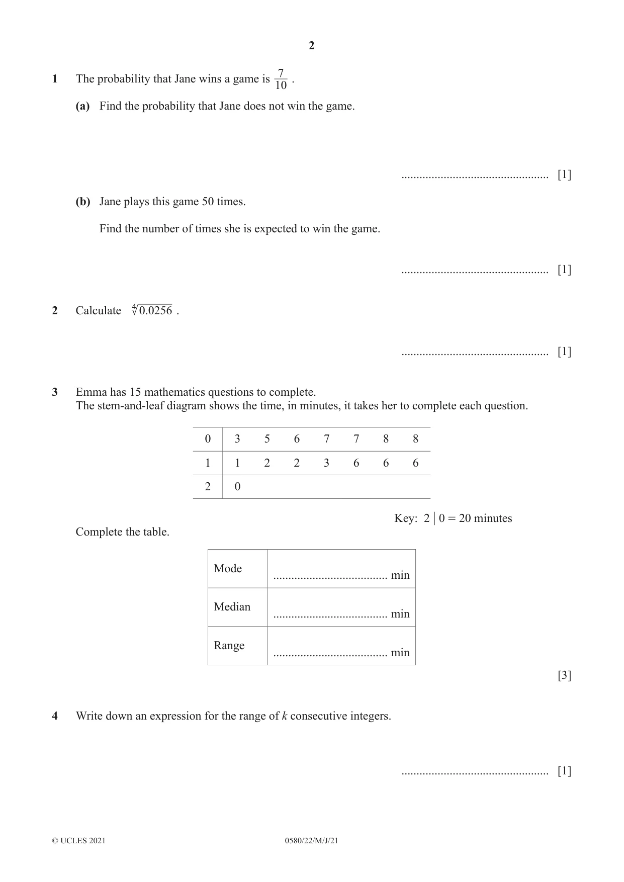 Cambridge IGCSE Mathematics 0580 2021 May/June Paper 2 · Variant 2 question paper, page 2 of 16