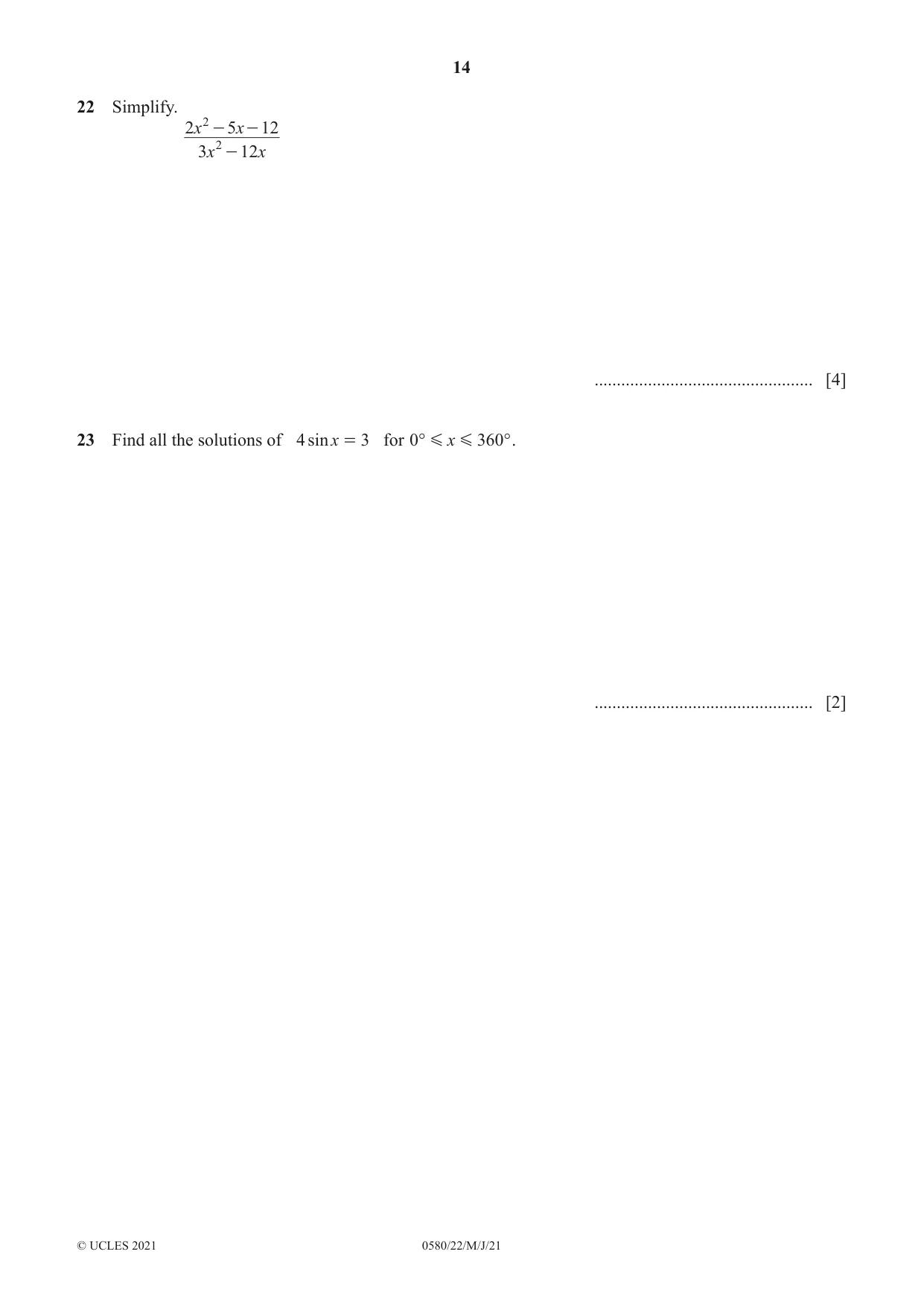 Cambridge IGCSE Mathematics 0580 2021 May/June Paper 2 · Variant 2 question paper, page 14 of 16