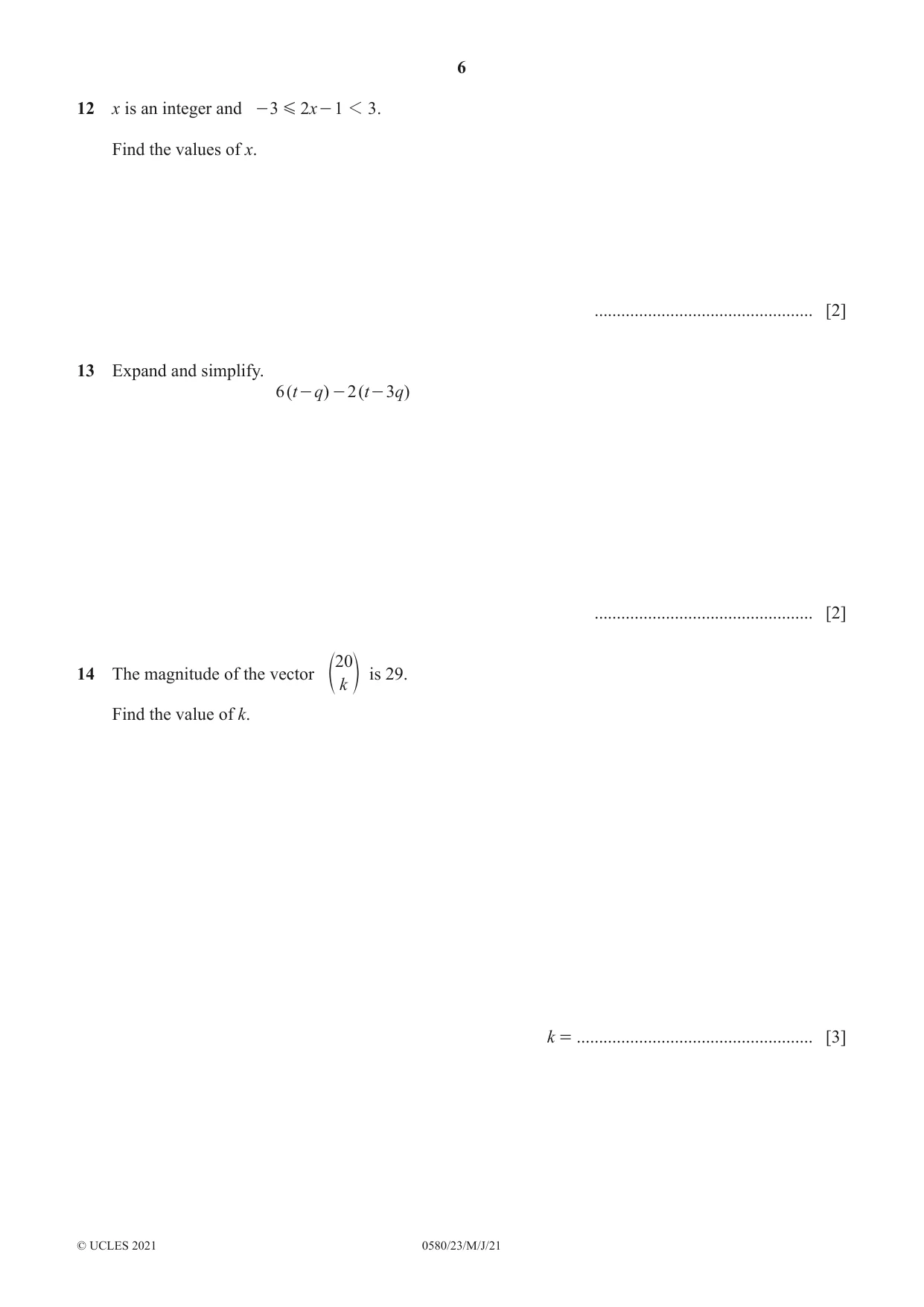 Cambridge IGCSE Mathematics 0580 2021 May/June Paper 2 · Variant 3 question paper, page 6 of 12