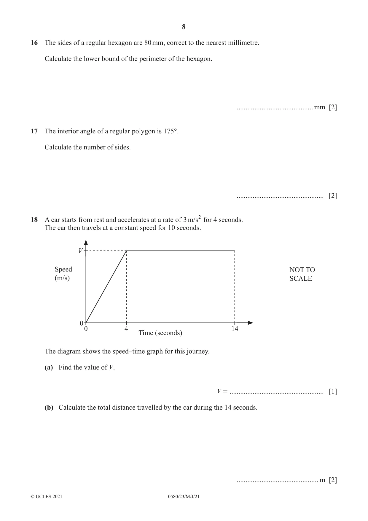 Cambridge IGCSE Mathematics 0580 2021 May/June Paper 2 · Variant 3 question paper, page 8 of 12