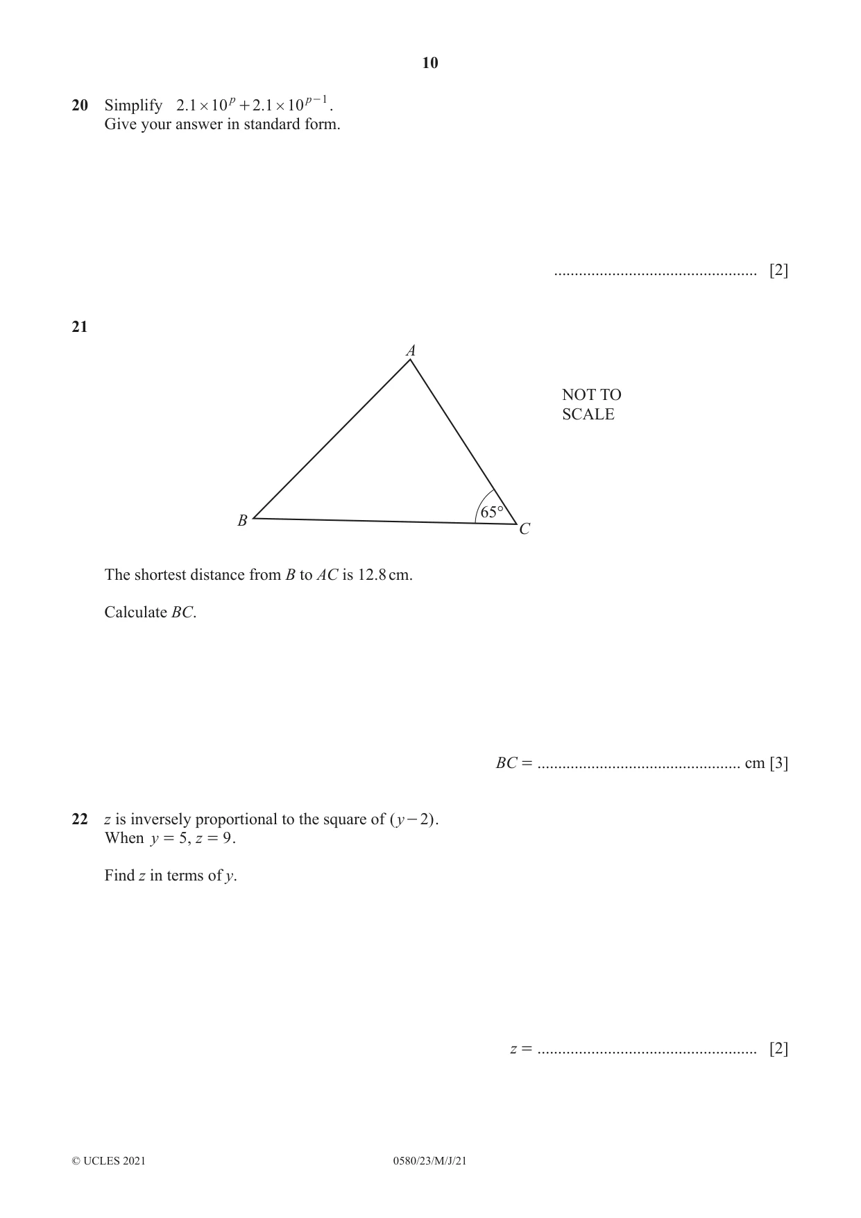 Cambridge IGCSE Mathematics 0580 2021 May/June Paper 2 · Variant 3 question paper, page 10 of 12