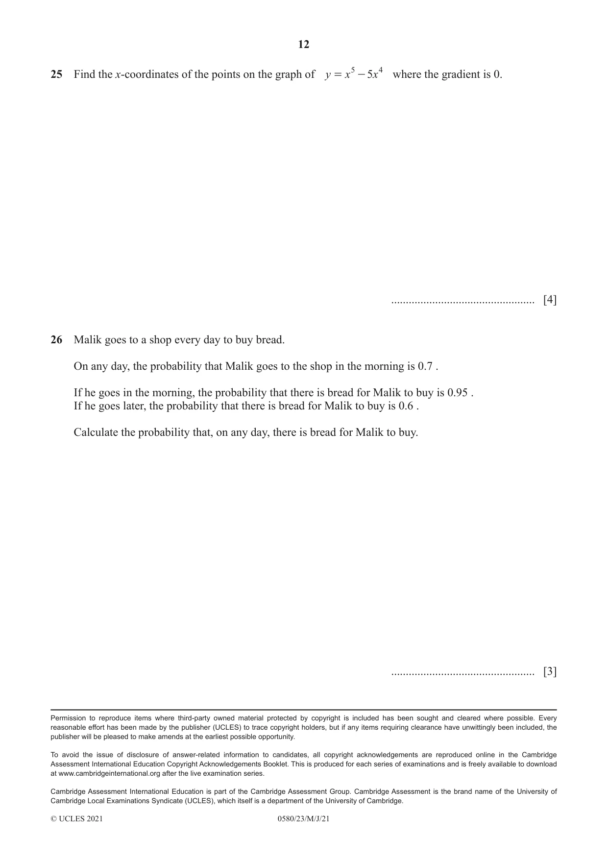 Cambridge IGCSE Mathematics 0580 2021 May/June Paper 2 · Variant 3 question paper, page 12 of 12