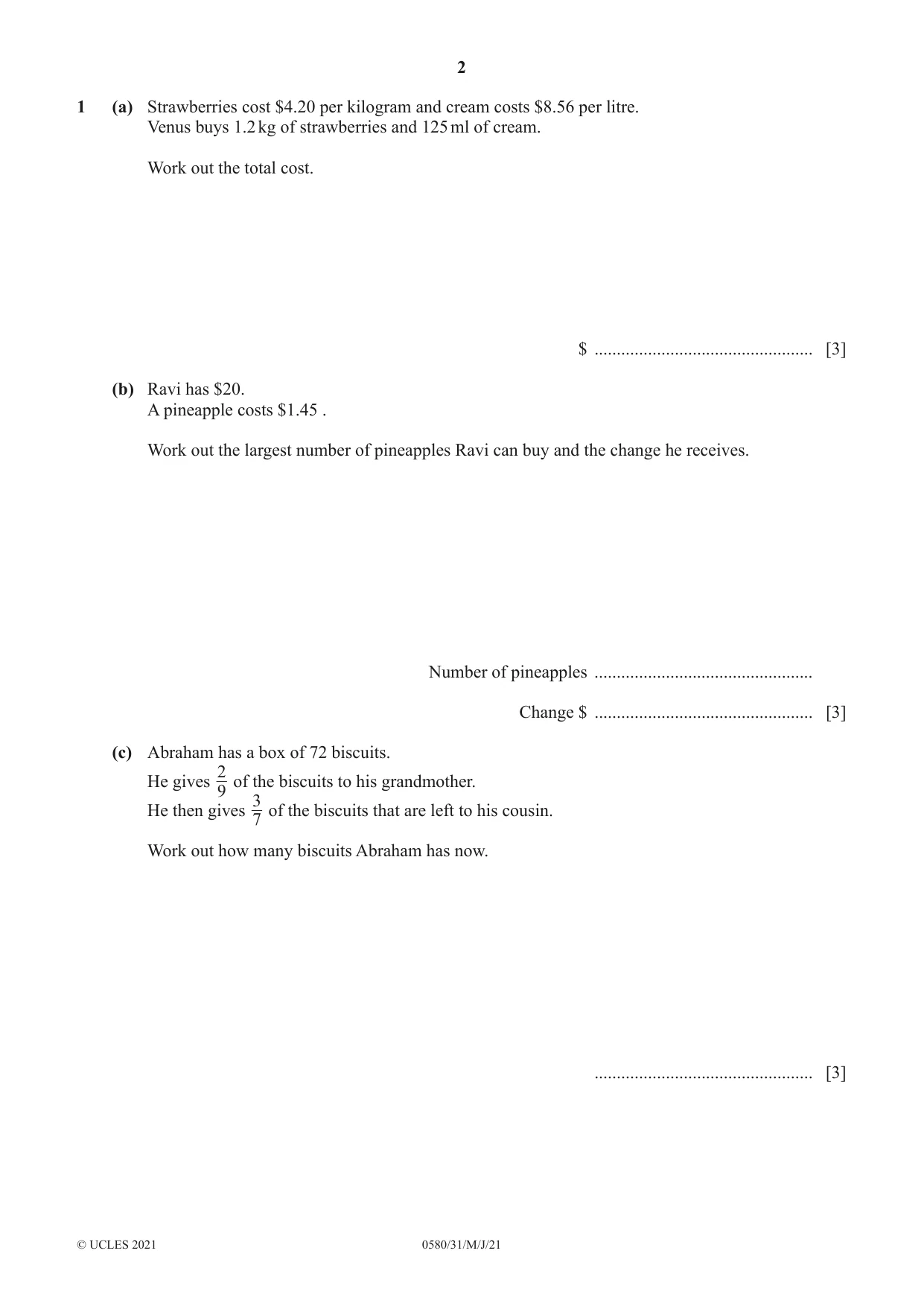 Cambridge IGCSE Mathematics 0580 2021 May/June Paper 3 · Variant 1 question paper, page 2 of 16